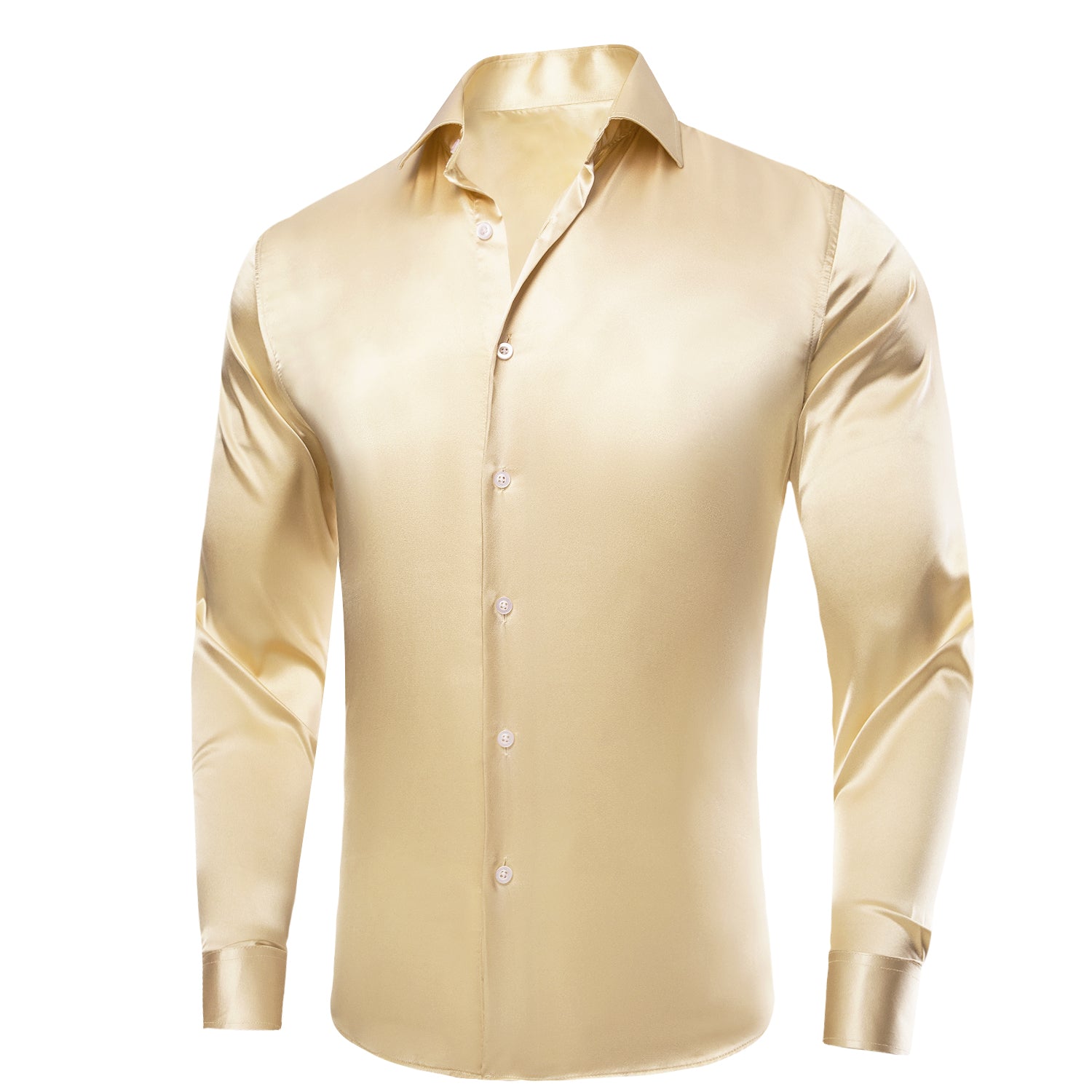 Beige Solid Satin Silk Men's Long Sleeve Dress Shirt