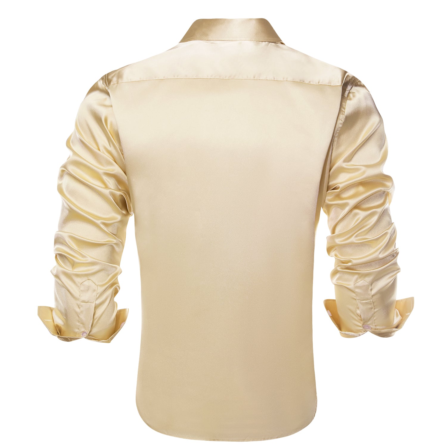 Beige Solid Satin Silk Men's Long Sleeve Dress Shirt