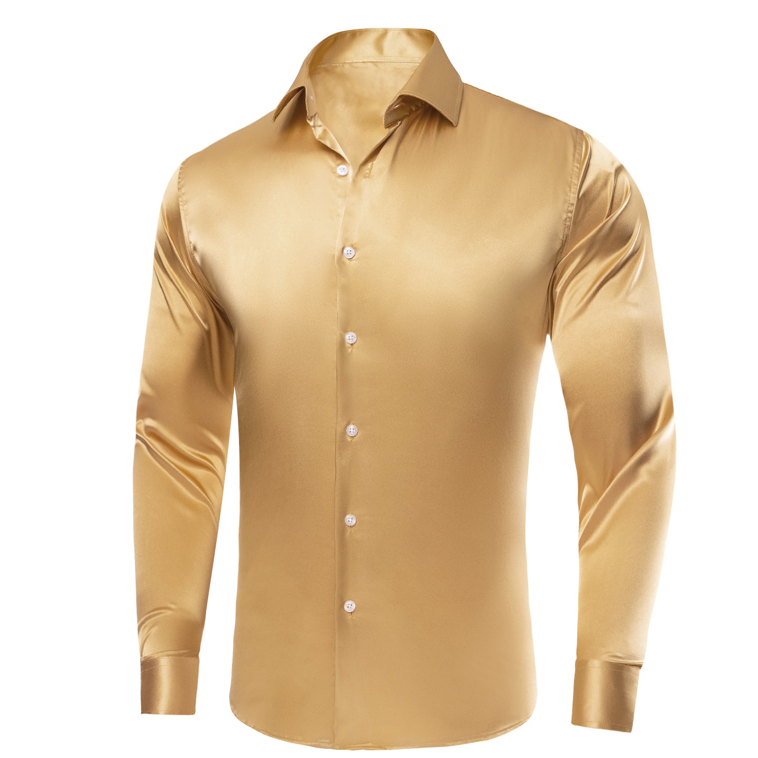 Gold Solid Satin Silk Men's Long Sleeve Dress Shirt