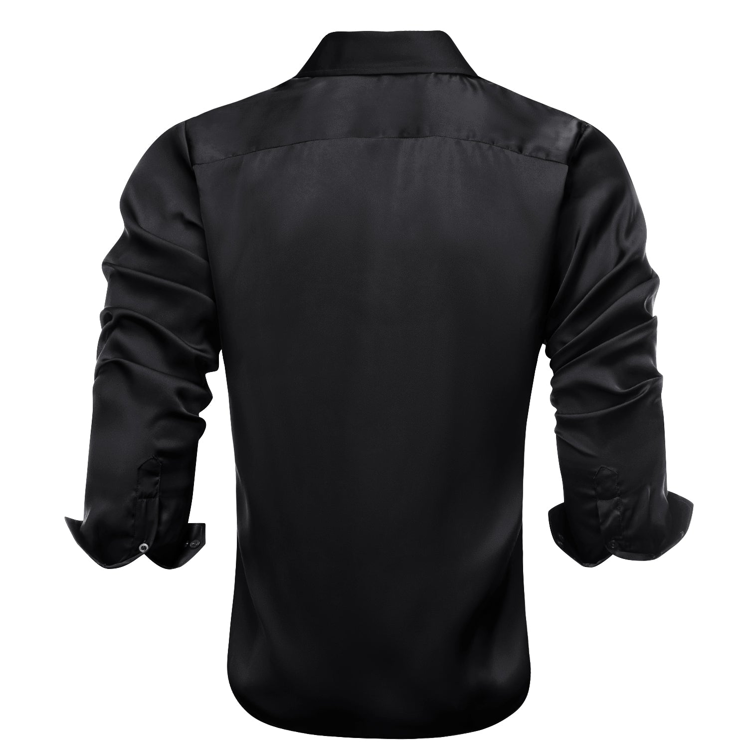Black Solid Satin Chiffon Non-stretch Men's Long Sleeve Shirt