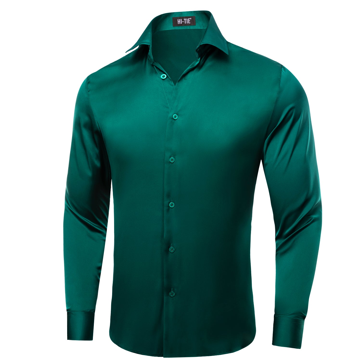 Dark Green Solid Satin Chiffon Non-stretch Men's Long Sleeve Shirt