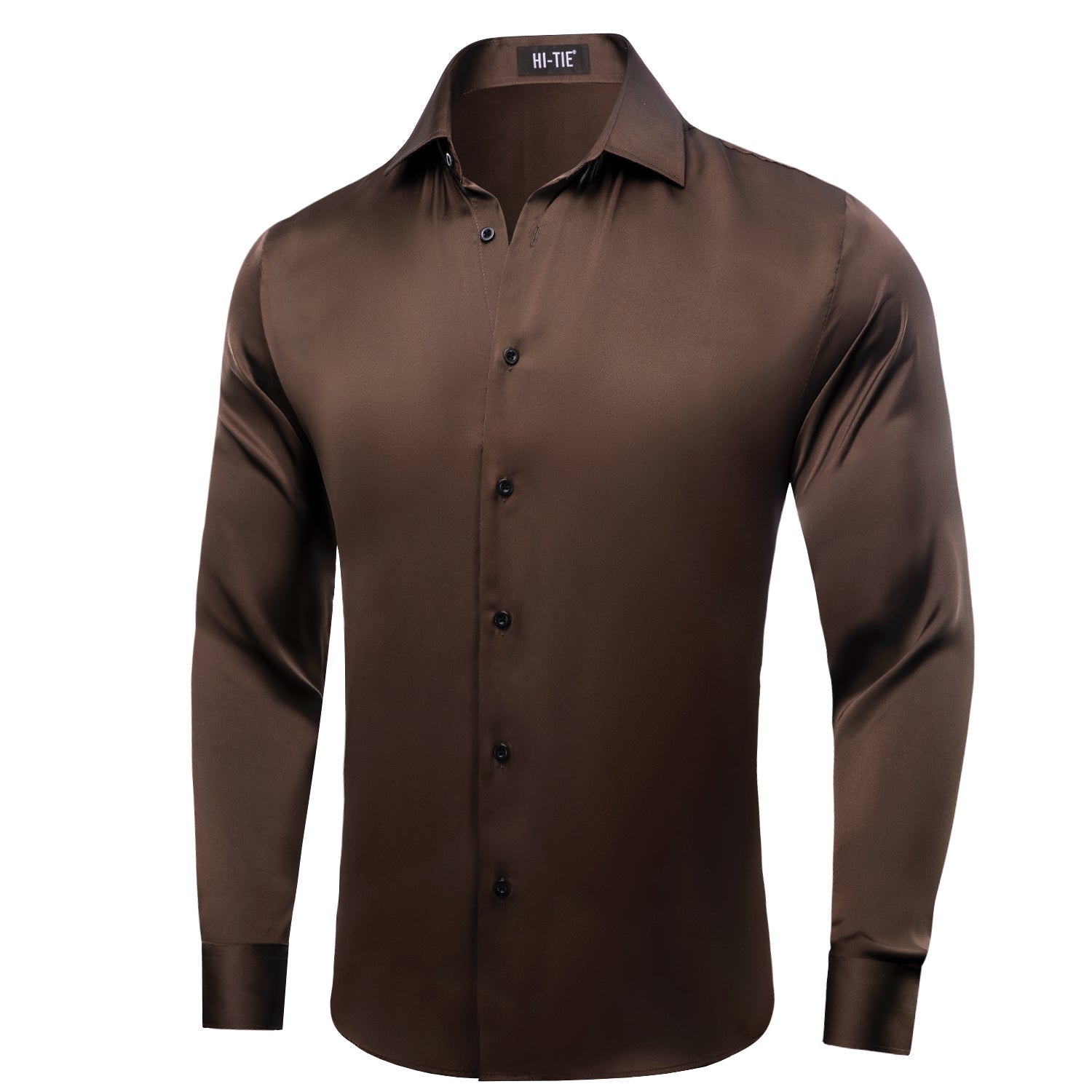 Dark Brown Solid Satin Chiffon Non-stretch Men's Long Sleeve Shirt