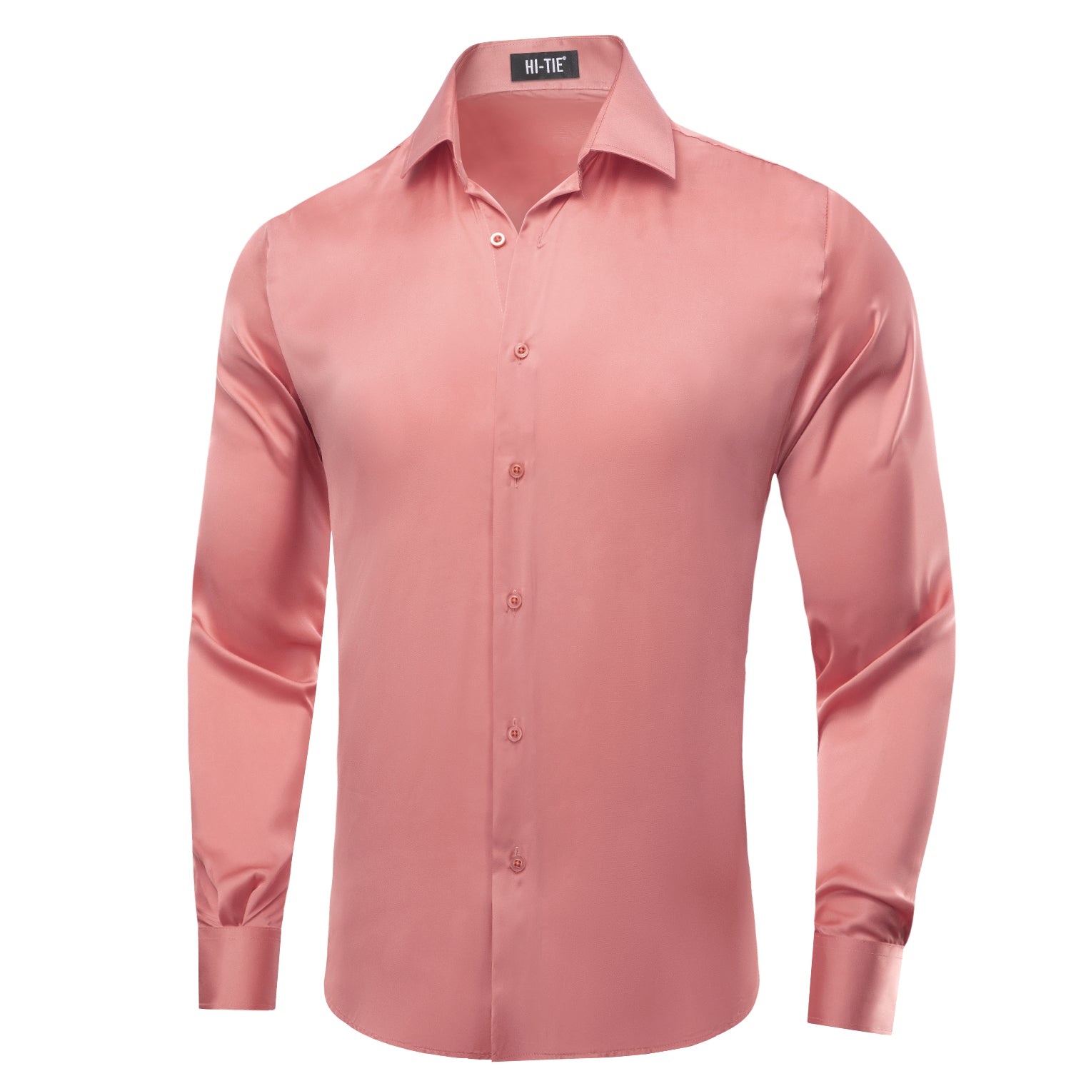 Rose Pink Solid Satin Chiffon Non-stretch Men's Long Sleeve Shirt