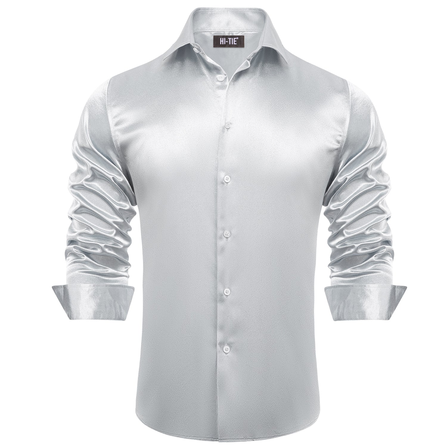 Grey Silver Solid Satin Silk Men Long Sleeve Dress Shirt