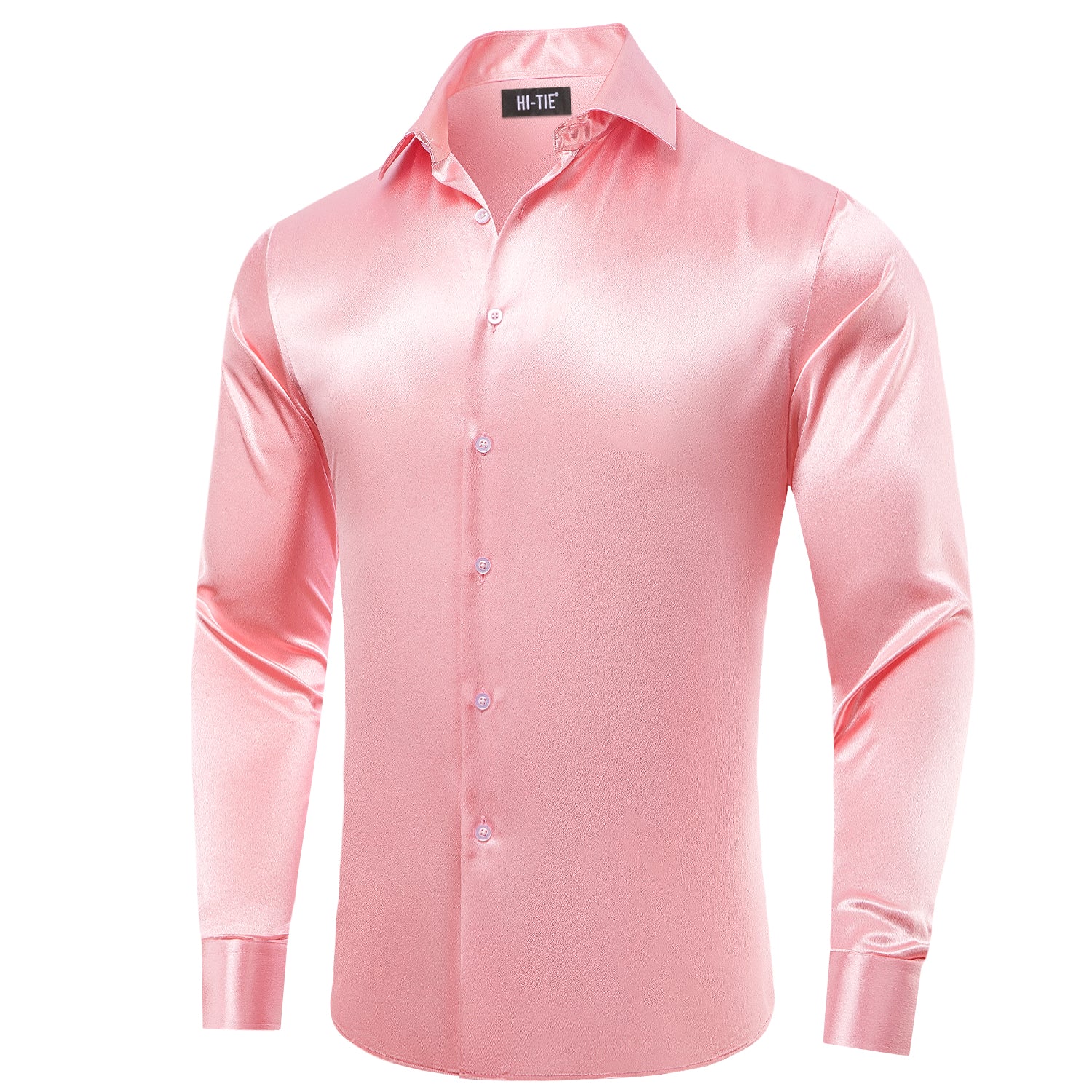Coral Pink Solid Satin Silk Men Long Sleeve Dress Shirt