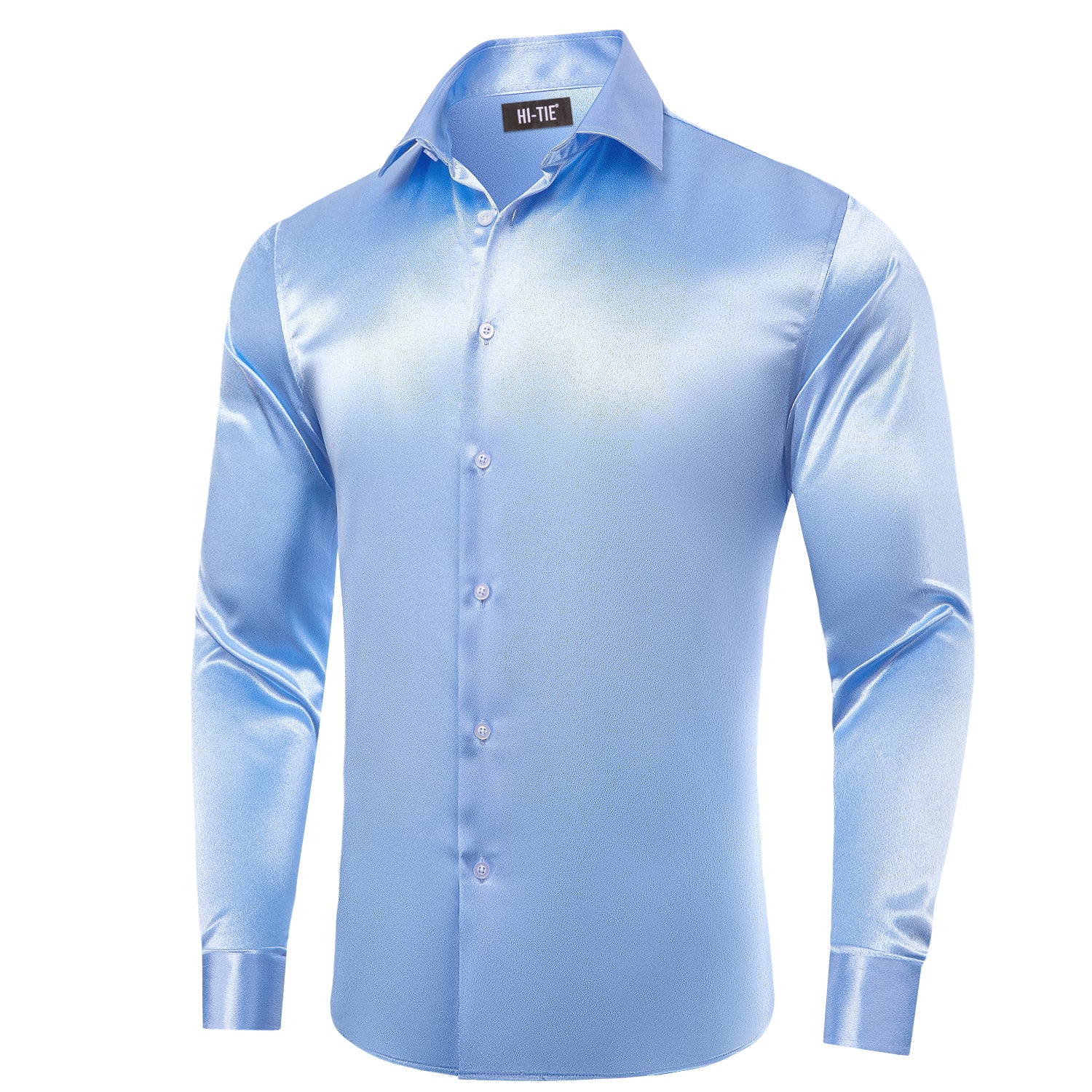 Sky Blue Solid Satin Silk Men Long Sleeve Dress Shirt