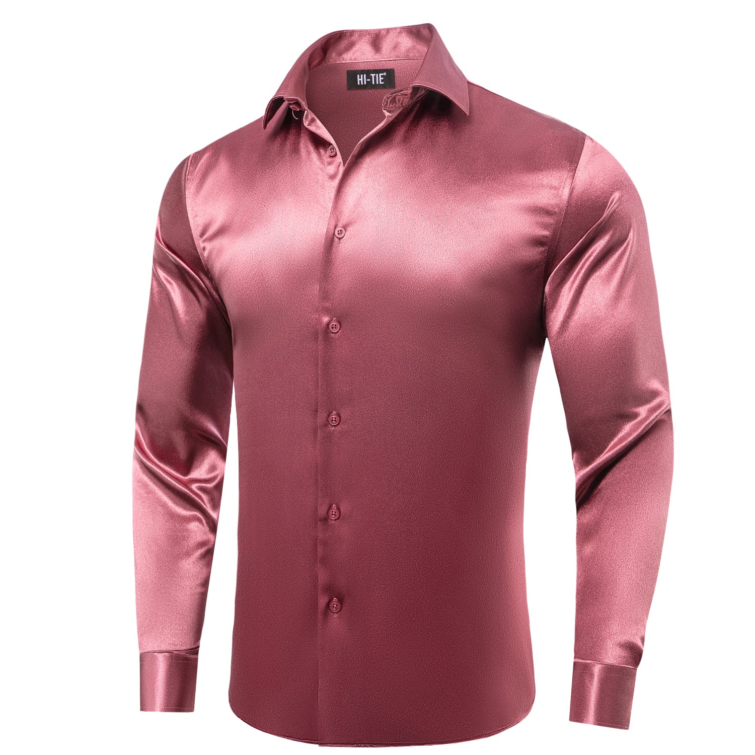 Watermelon Pink Solid Satin Silk Men Long Sleeve Dress Shirt