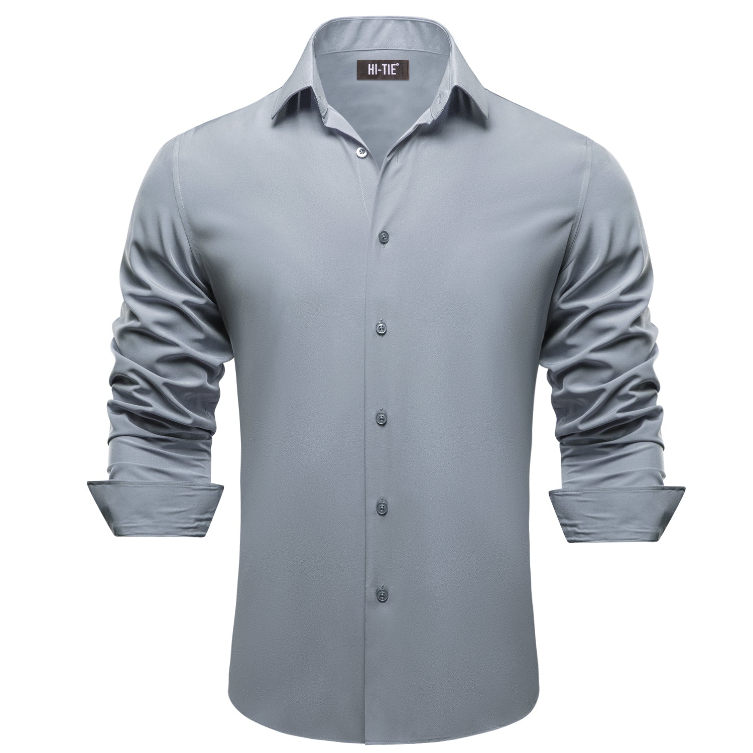 Deep Grey Solid Satin Silk Men Long Sleeve Dress Shirt
