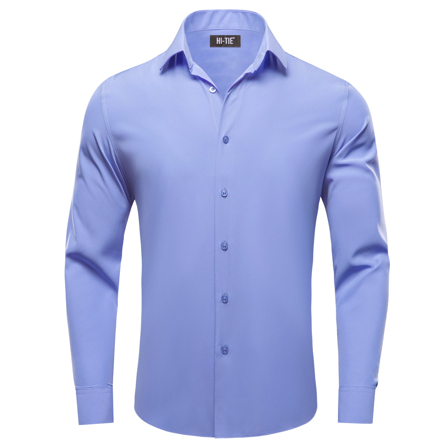 Blue Solid Four-way Stretch Fabric Men's Long Sleeve Shirt