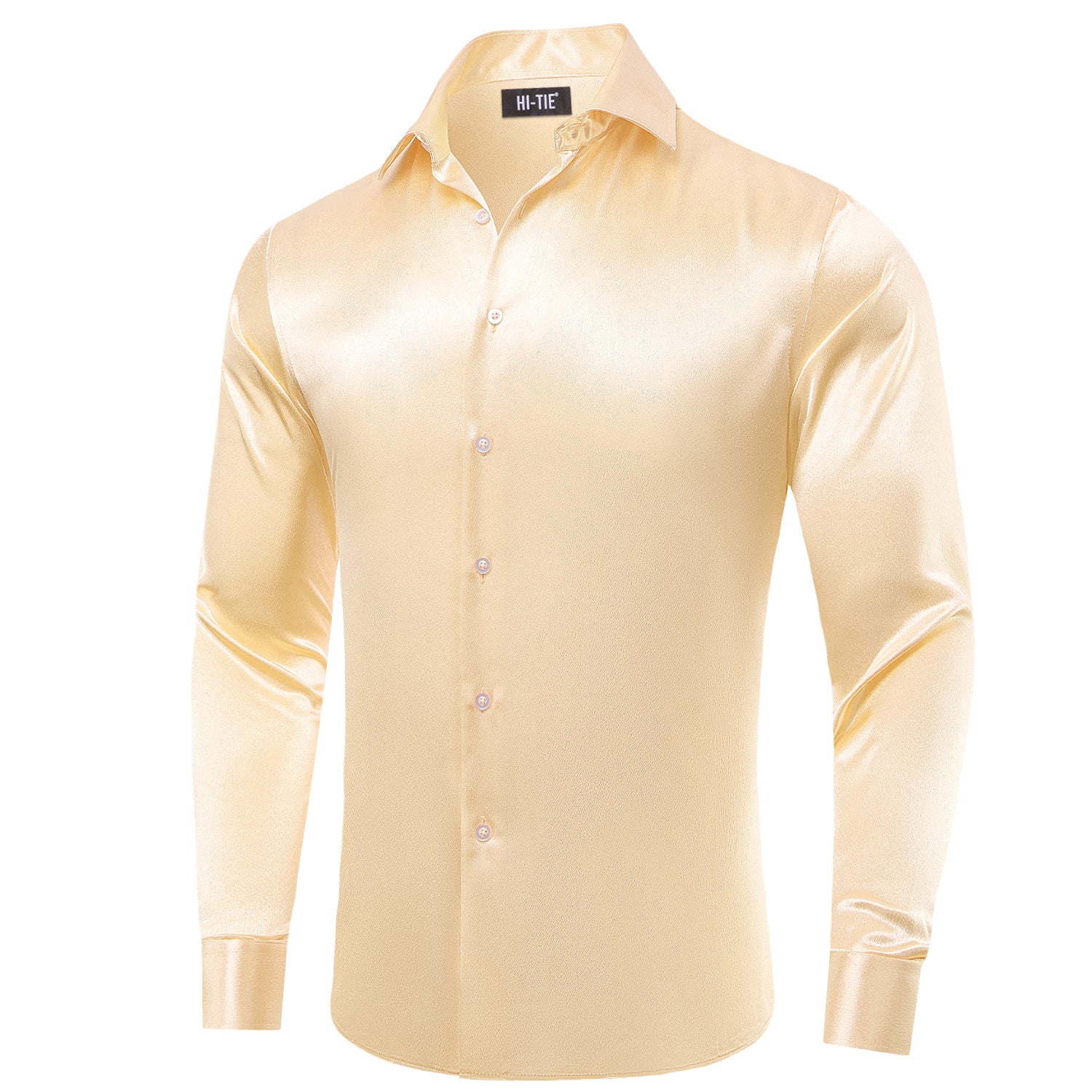 Pale Yellow Solid Satin Silk Men Long Sleeve Dress Shirt