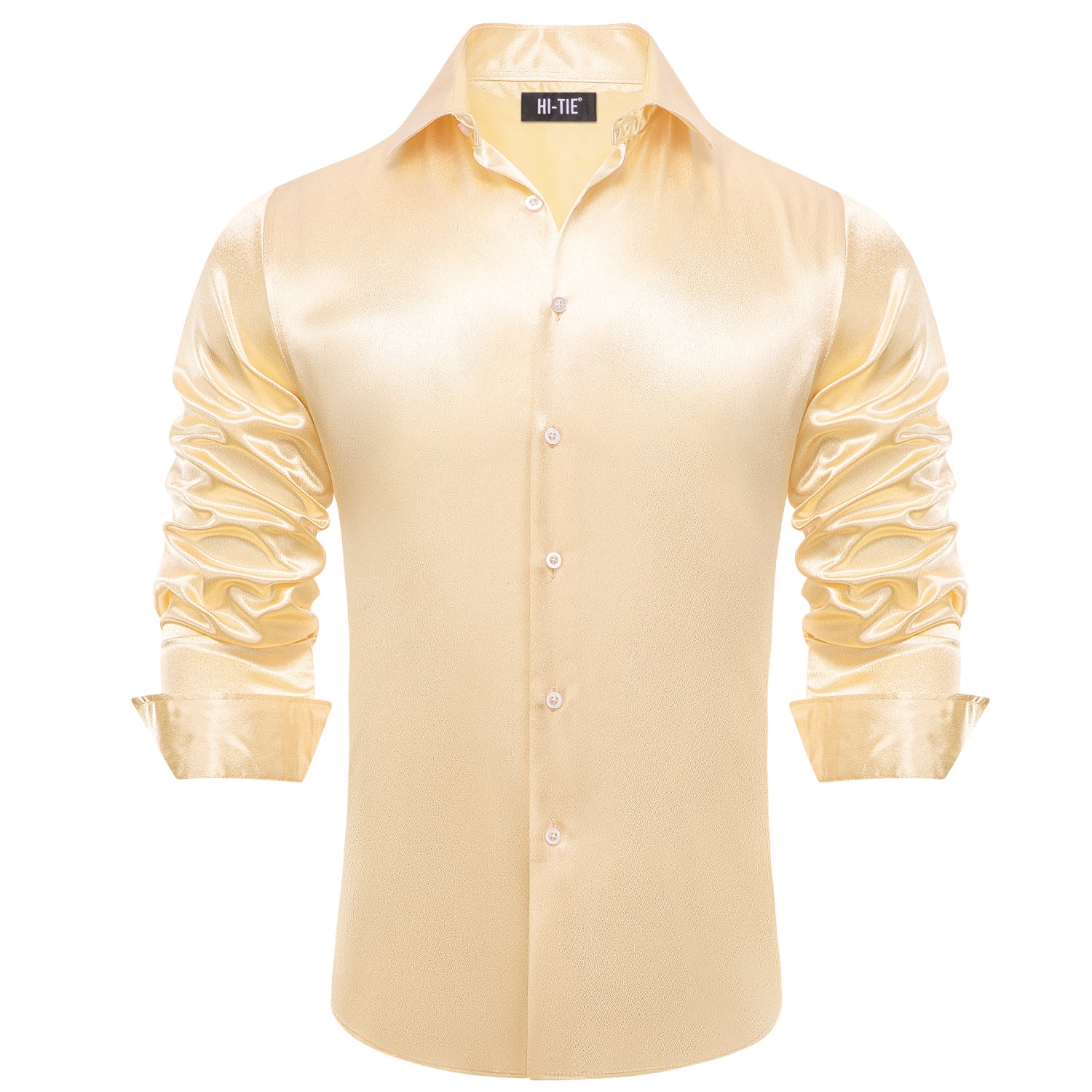 Pale Yellow Solid Satin Silk Men Long Sleeve Dress Shirt