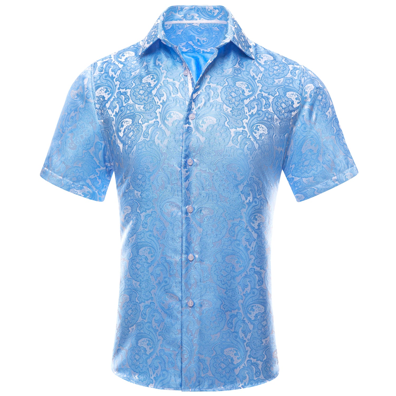 Sky Blue Paisley Flower Silk Men's Short Sleeve Shirt