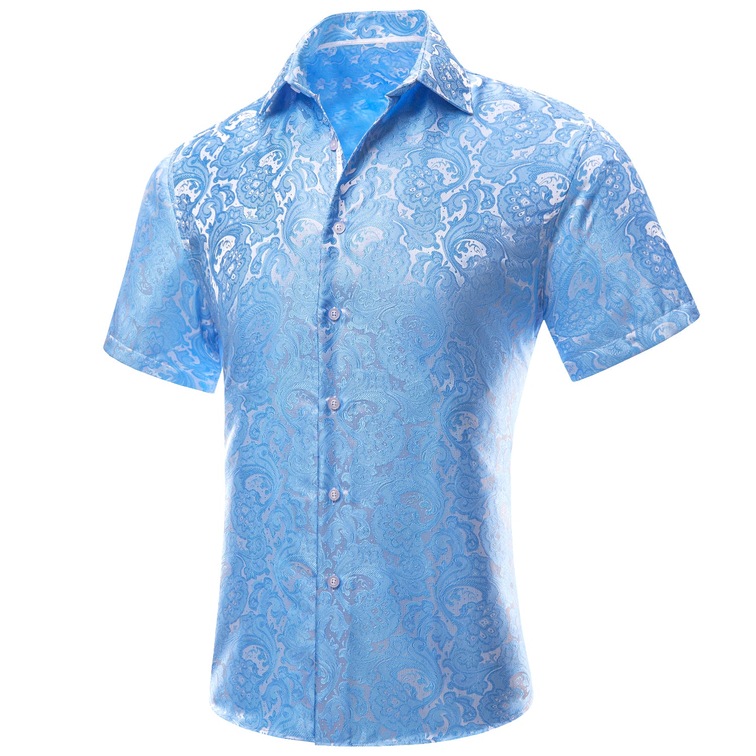 Sky Blue Paisley Flower Silk Men's Short Sleeve Shirt
