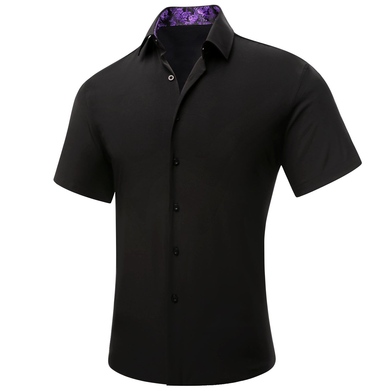 Black Solid with Purple Paisley Collar Silk Men's Short Sleeve Shirt