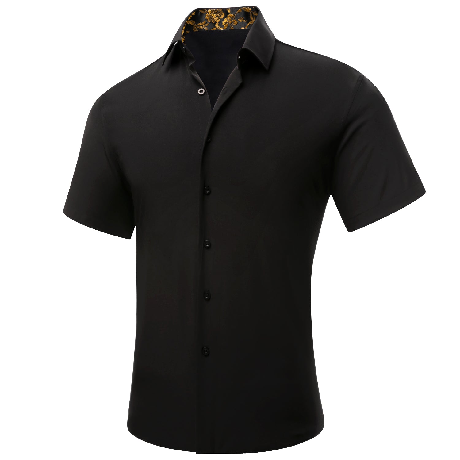 Black Solid with Gold Floral Collar Silk Men's Short Sleeve Shirt