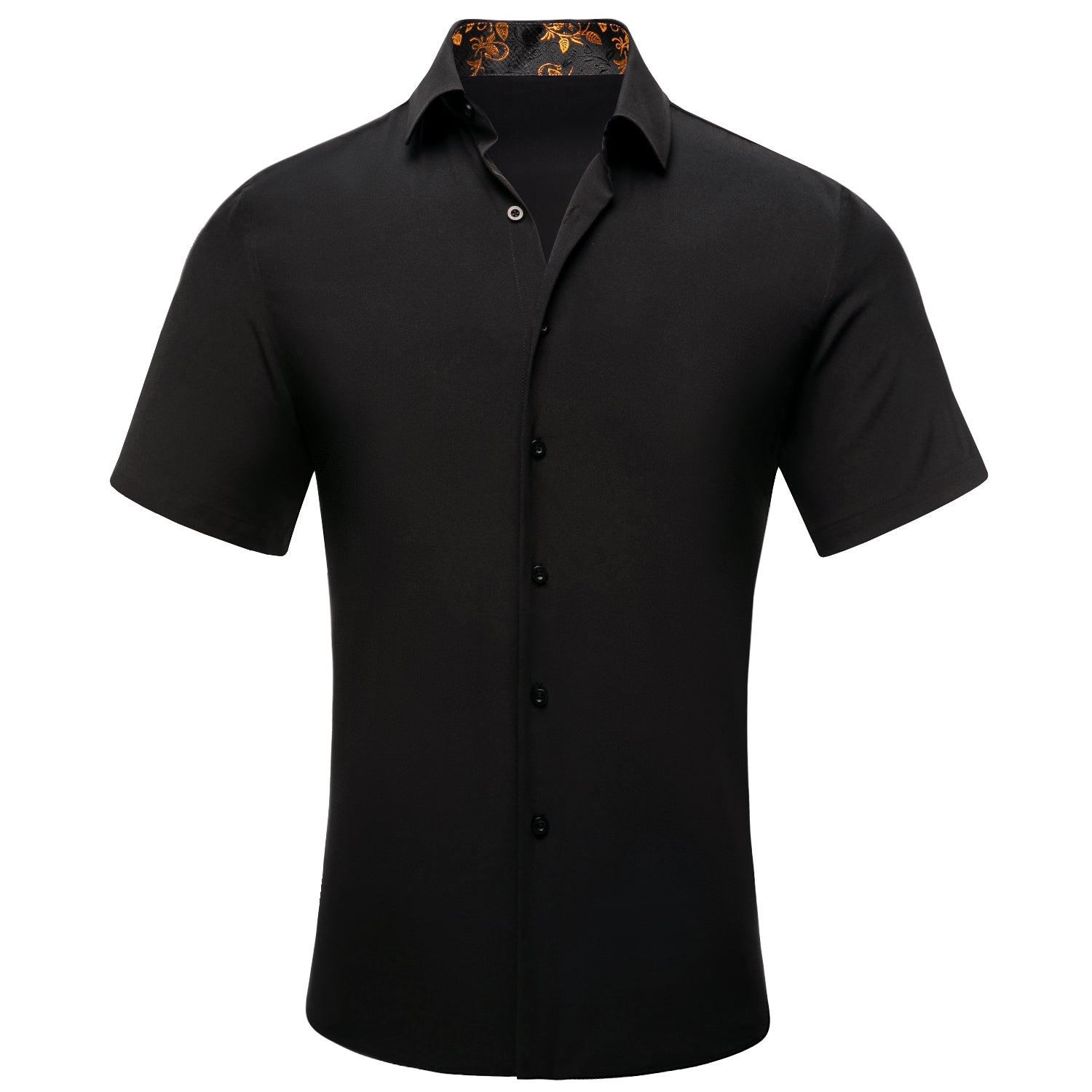 Black Solid with Gold Flower Collar Silk Men's Short Sleeve Shirt