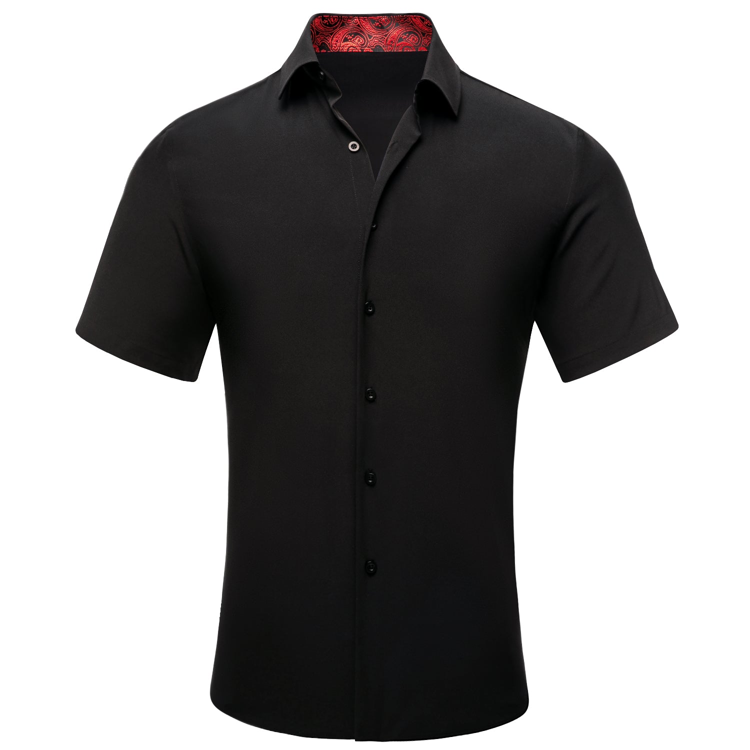 Black Solid with Red Paisley Collar Silk Men's Short Sleeve Shirt