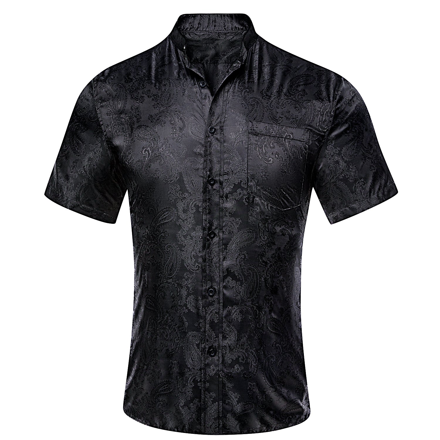 HITIE Black Paisley Silk Men's Short Sleeve Shirt