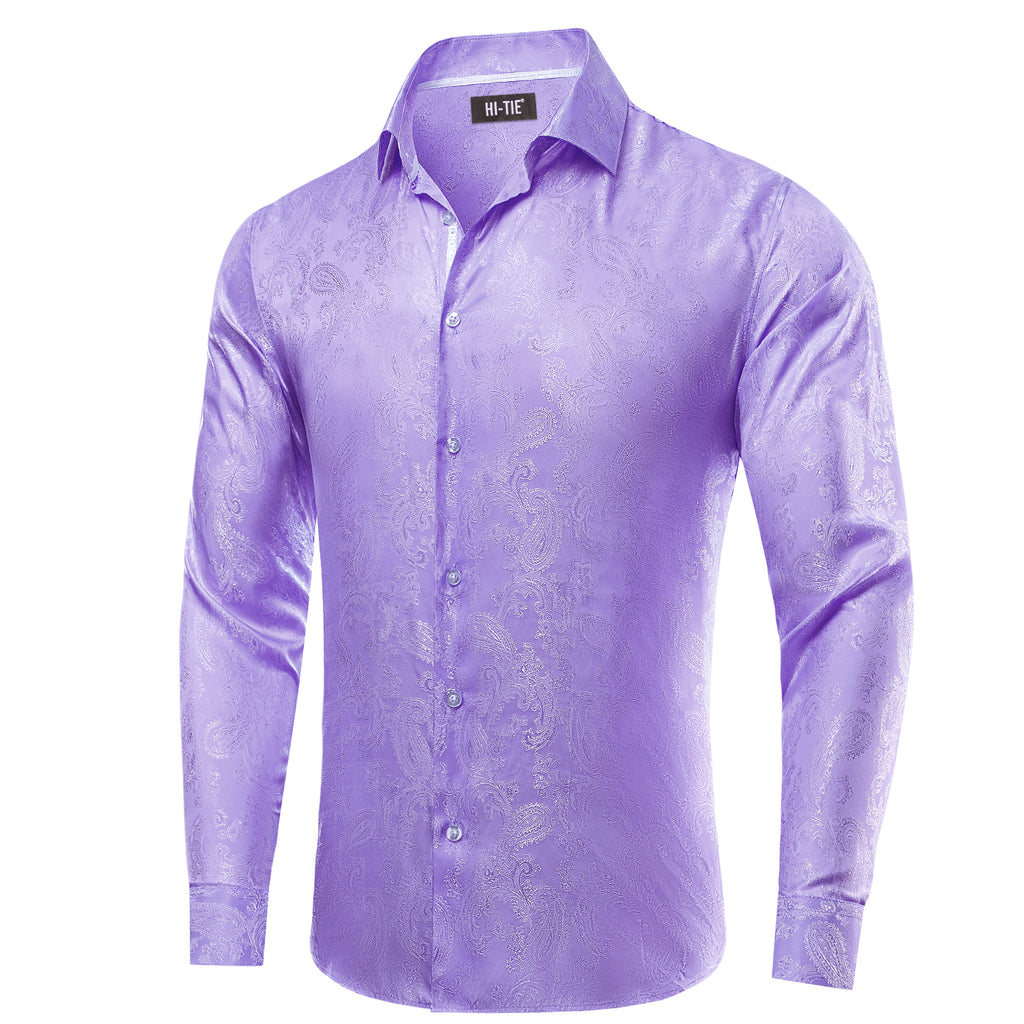 Lilac Purple Men Long Sleeve Paisley Shirt, L Lilac Purple Men Long Sleeve Paisley Shirt, L