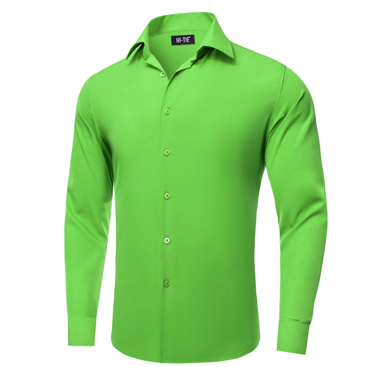 Hi-Tie Long Sleeve Shirt Green Solid Casual Men's Dress Shirt Top Wear