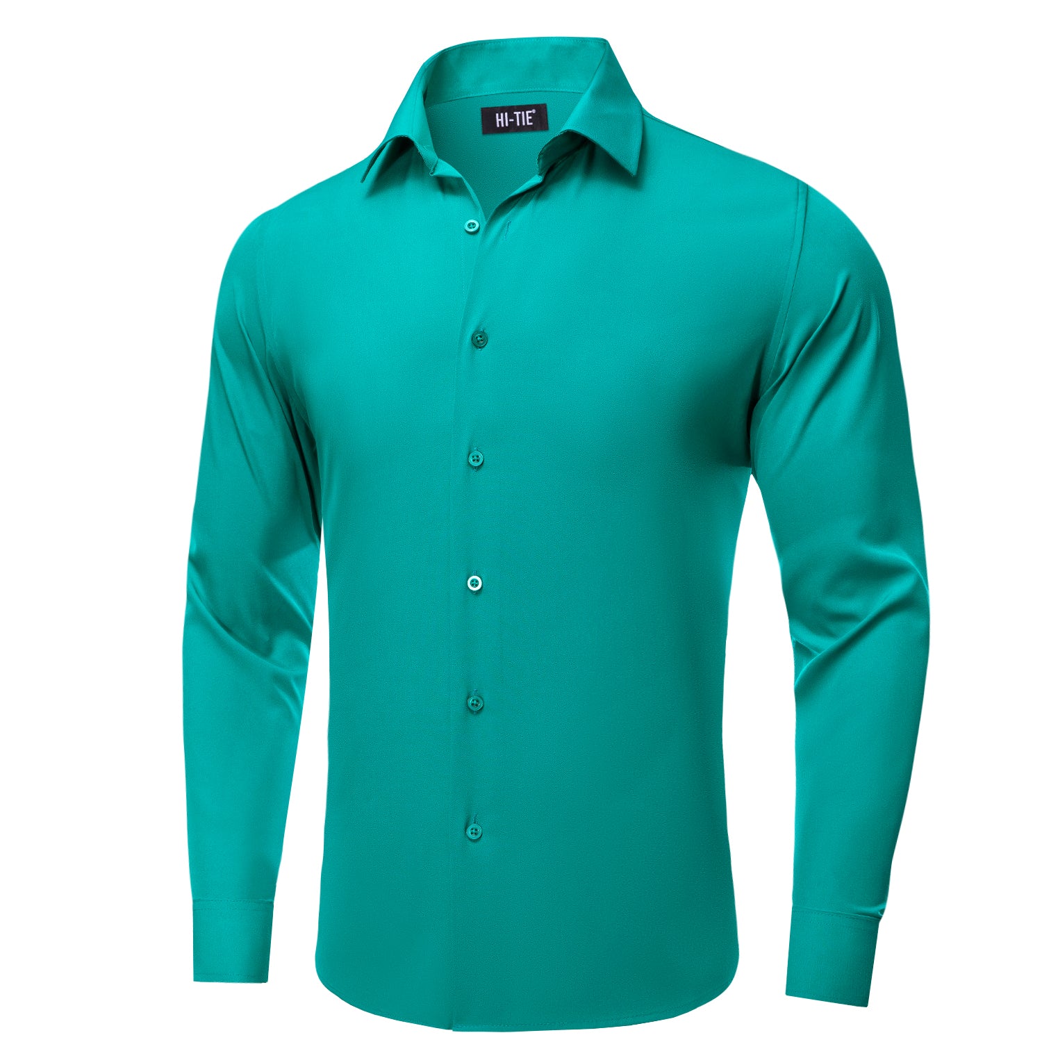 Hi-Tie Long Sleeve Shirt DarkCyan Teal Blue Solid Casual Men's Dress Shirt Top Wear