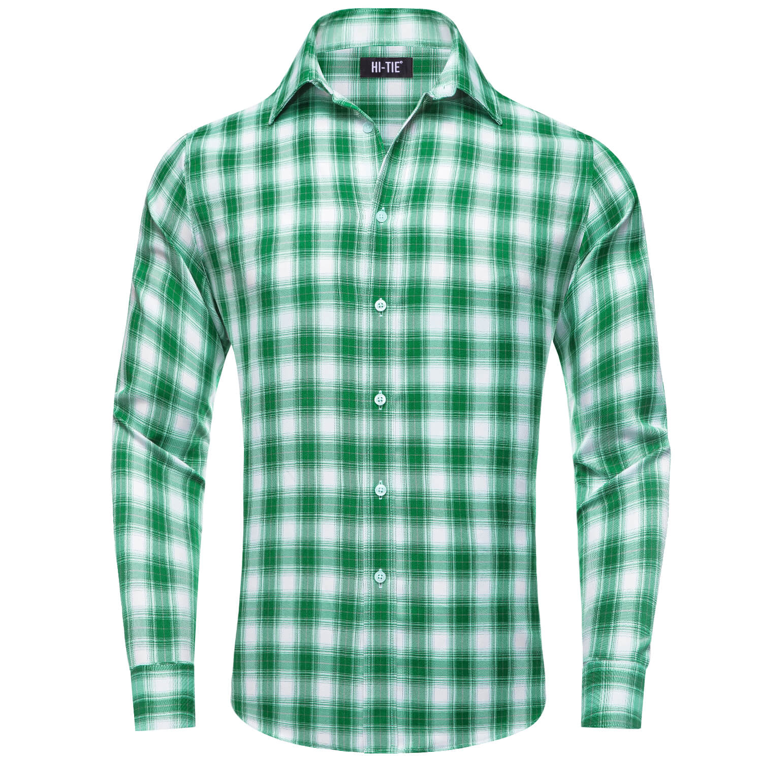Green White Plaid Men's Silk Long Sleeve Shirt 