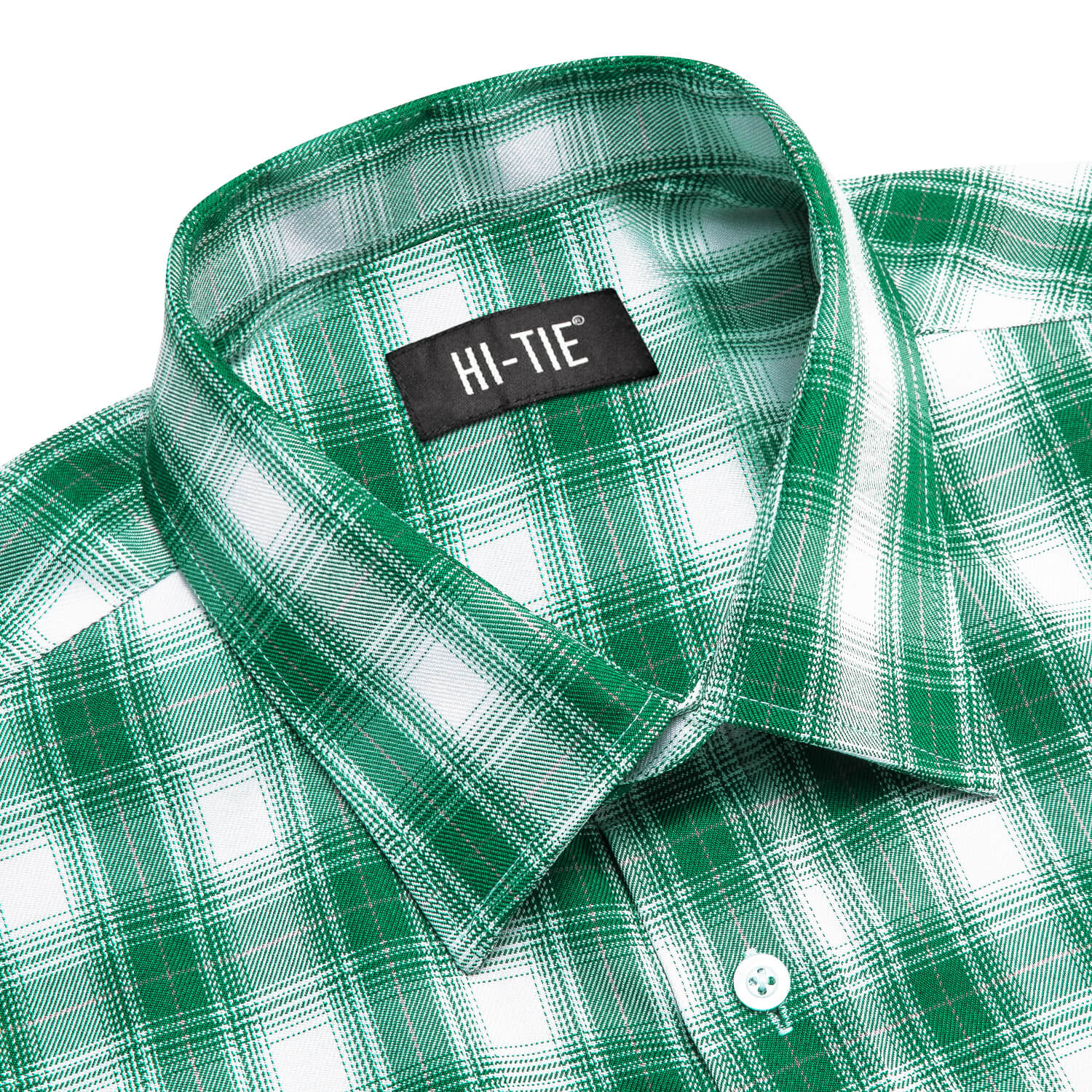 Hi-Tie Button Down Shirt Green White Plaid Men's Silk Long Sleeve Shirt Business