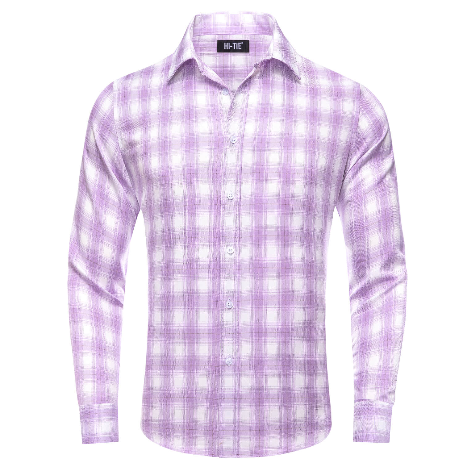 Purple White Plaid Men's Silk Long Sleeve Shirt