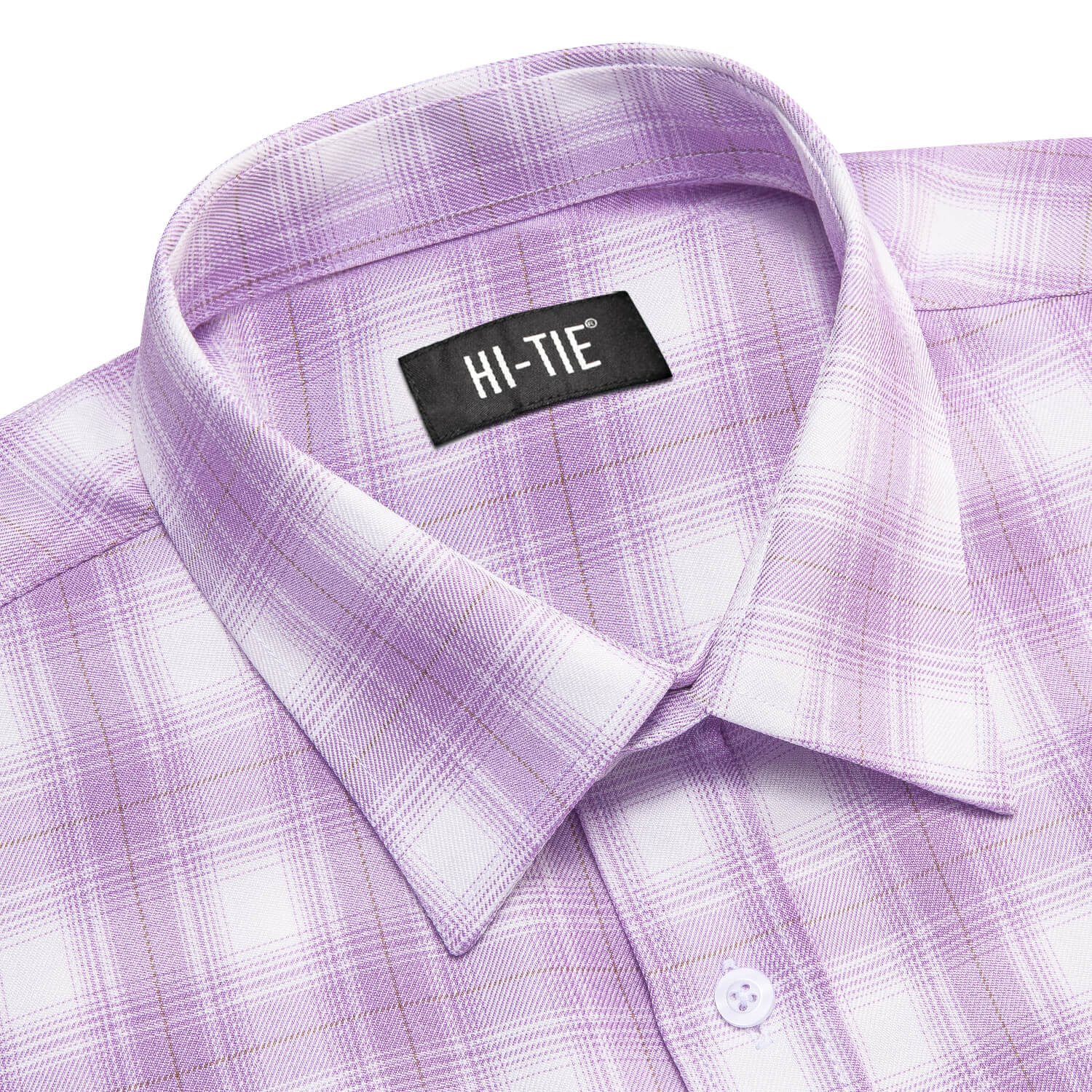 Hi-Tie Button Down Shirt Purple White Plaid Men's Silk Long Sleeve Shirt