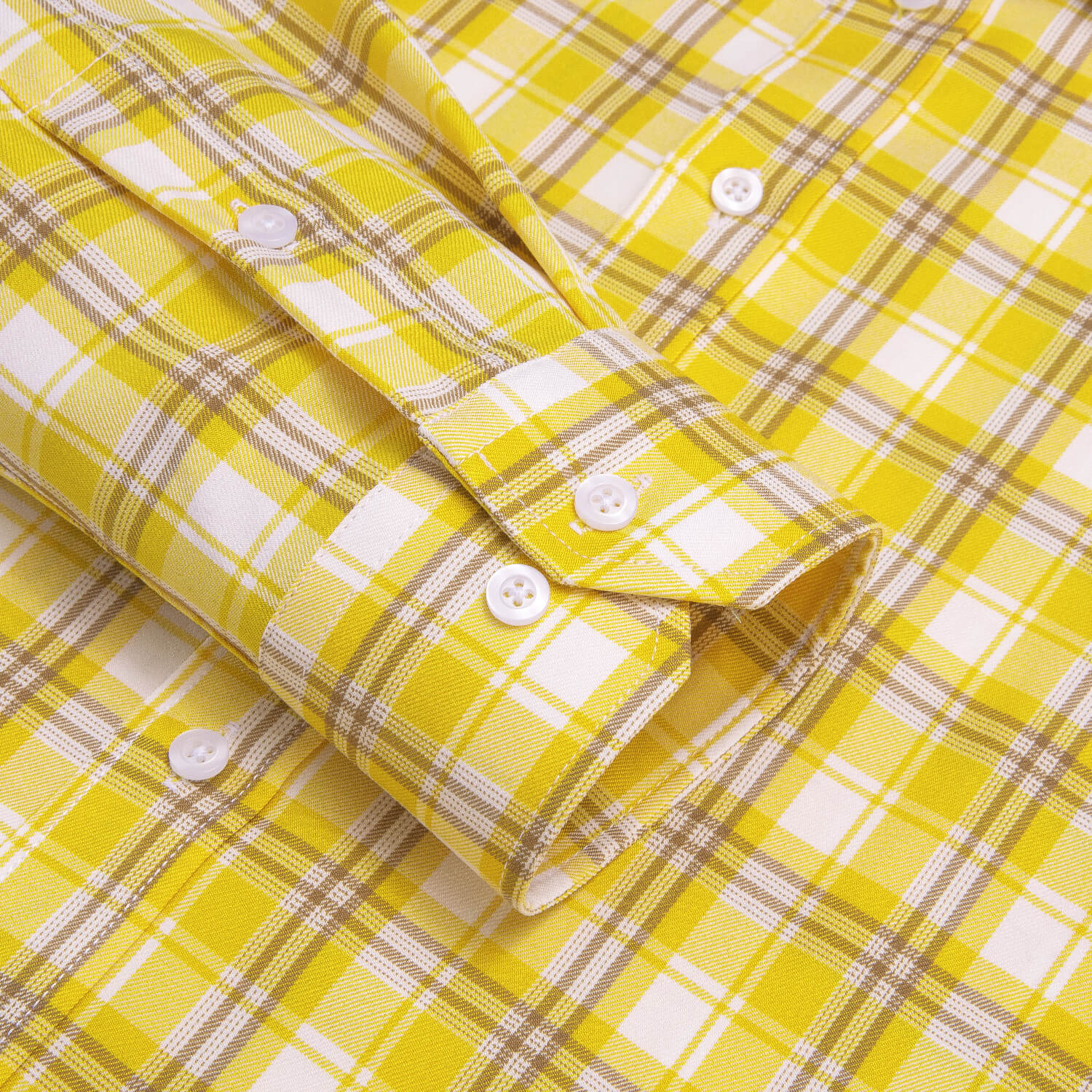 Hi-Tie Men's Shirt Yellow White Classic Plaid Silk Long Sleeve Shirt