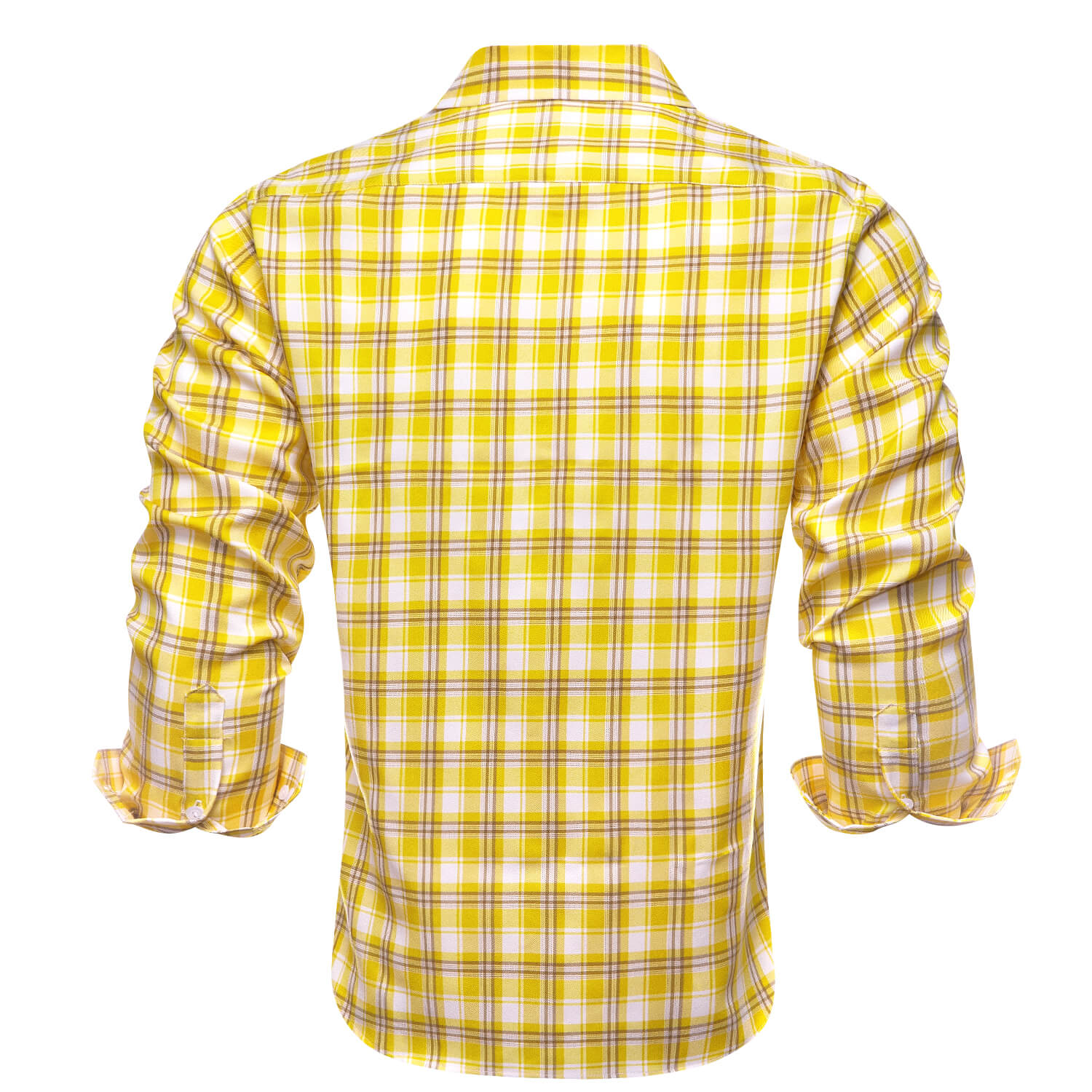 Hi-Tie Men's Shirt Yellow White Classic Plaid Silk Long Sleeve Shirt