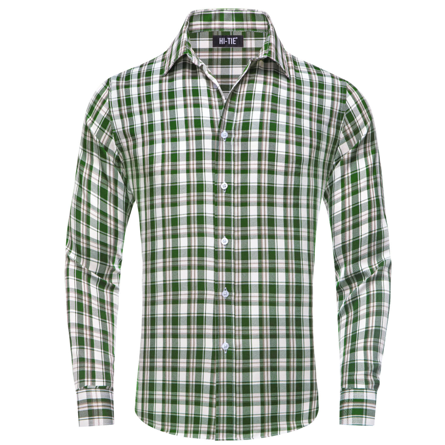 Green White Brown Plaid Silk Long Sleeve Shirt