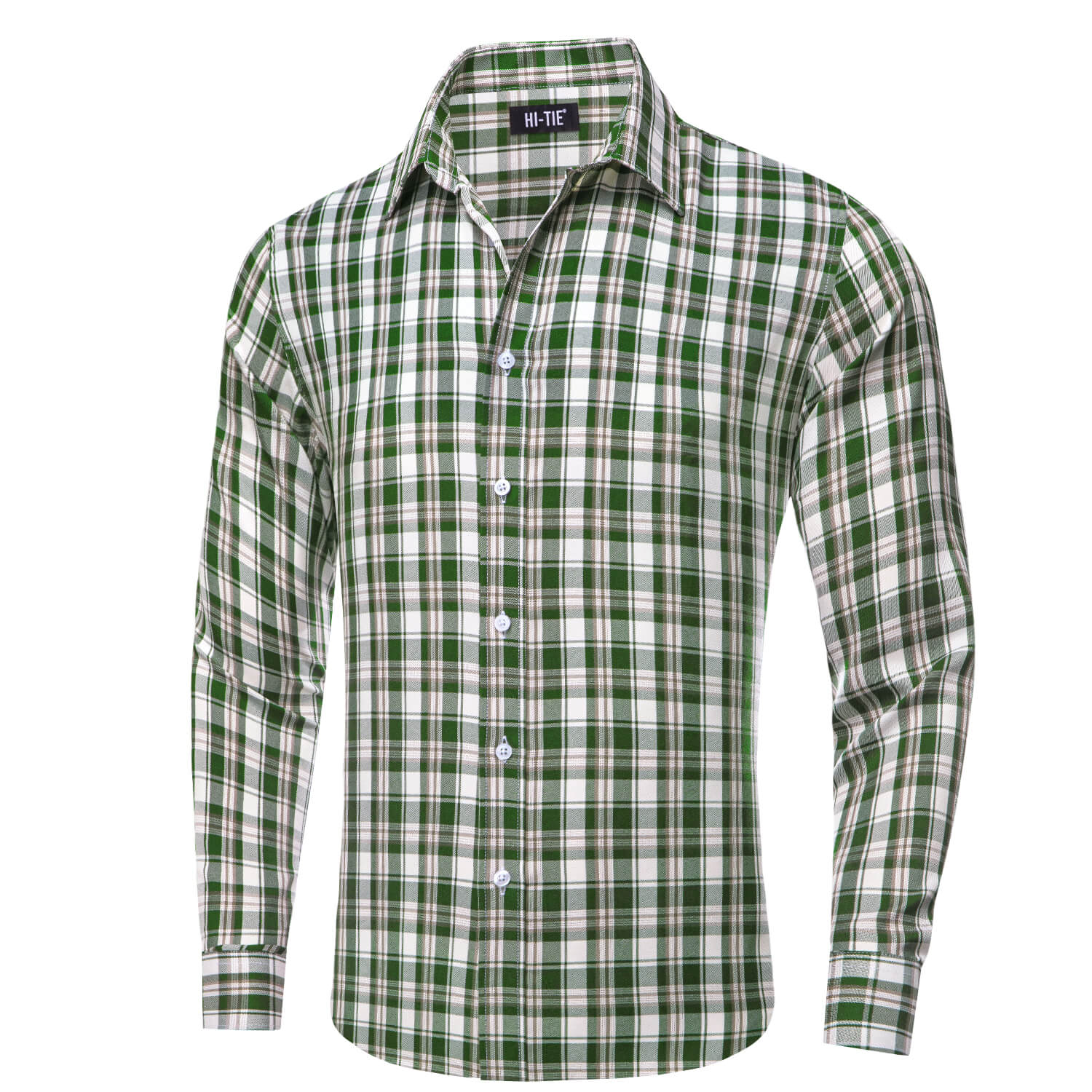 Hi-Tie Men's Shirt Green White Brown Plaid Silk Long Sleeve Shirt