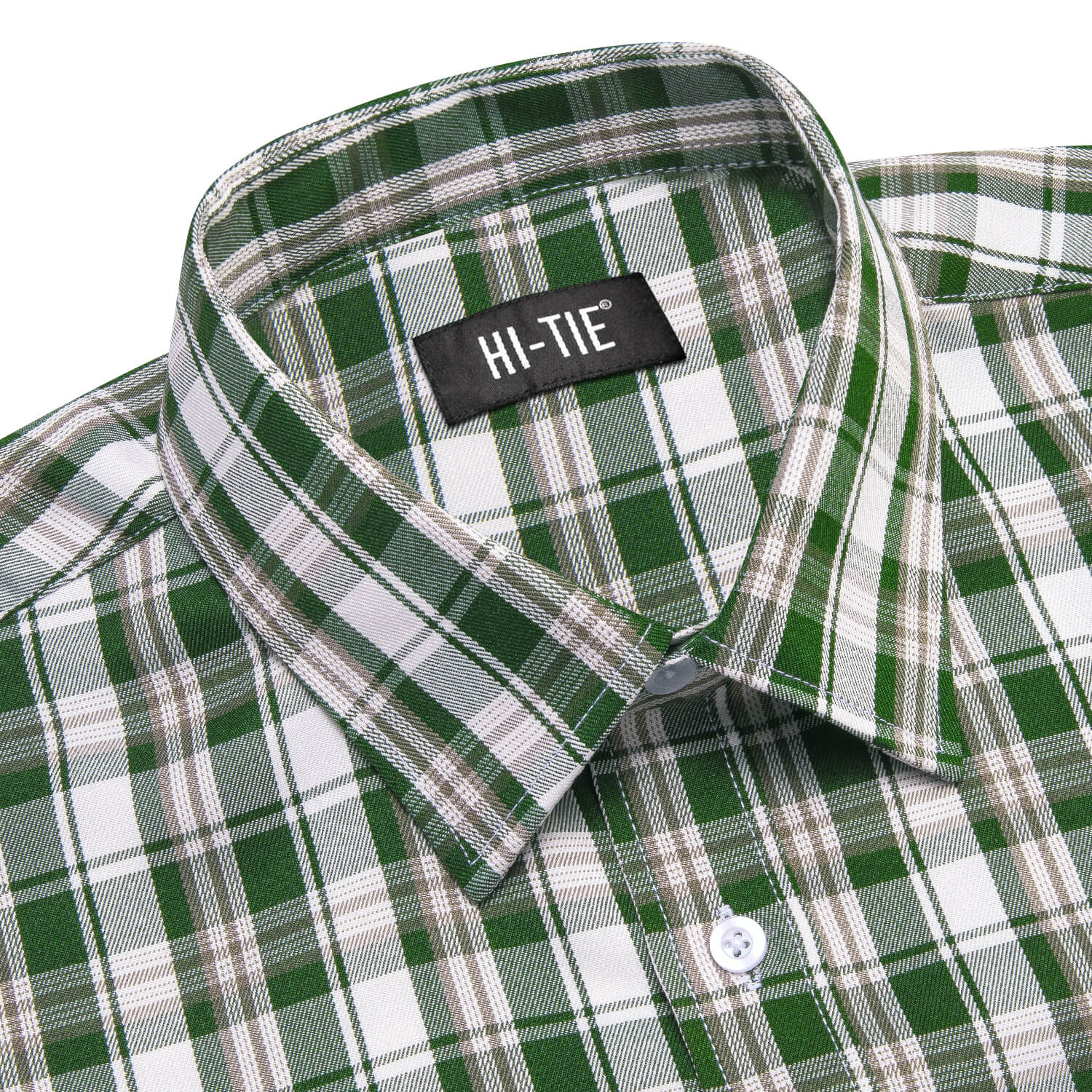Hi-Tie Men's Shirt Green White Brown Plaid Silk Long Sleeve Shirt