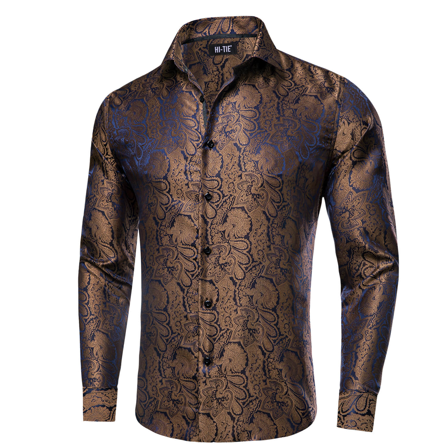 Hi-Tie Men's Shirt Peanut Brown Blue Jacquard Floral Silk Shirt New Fashion