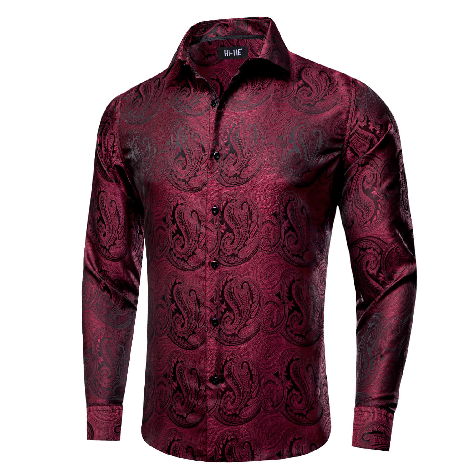 Hi-Tie Men's Shirt Dark Red Black Paisley Silk Button Down Shirt Top Quality
