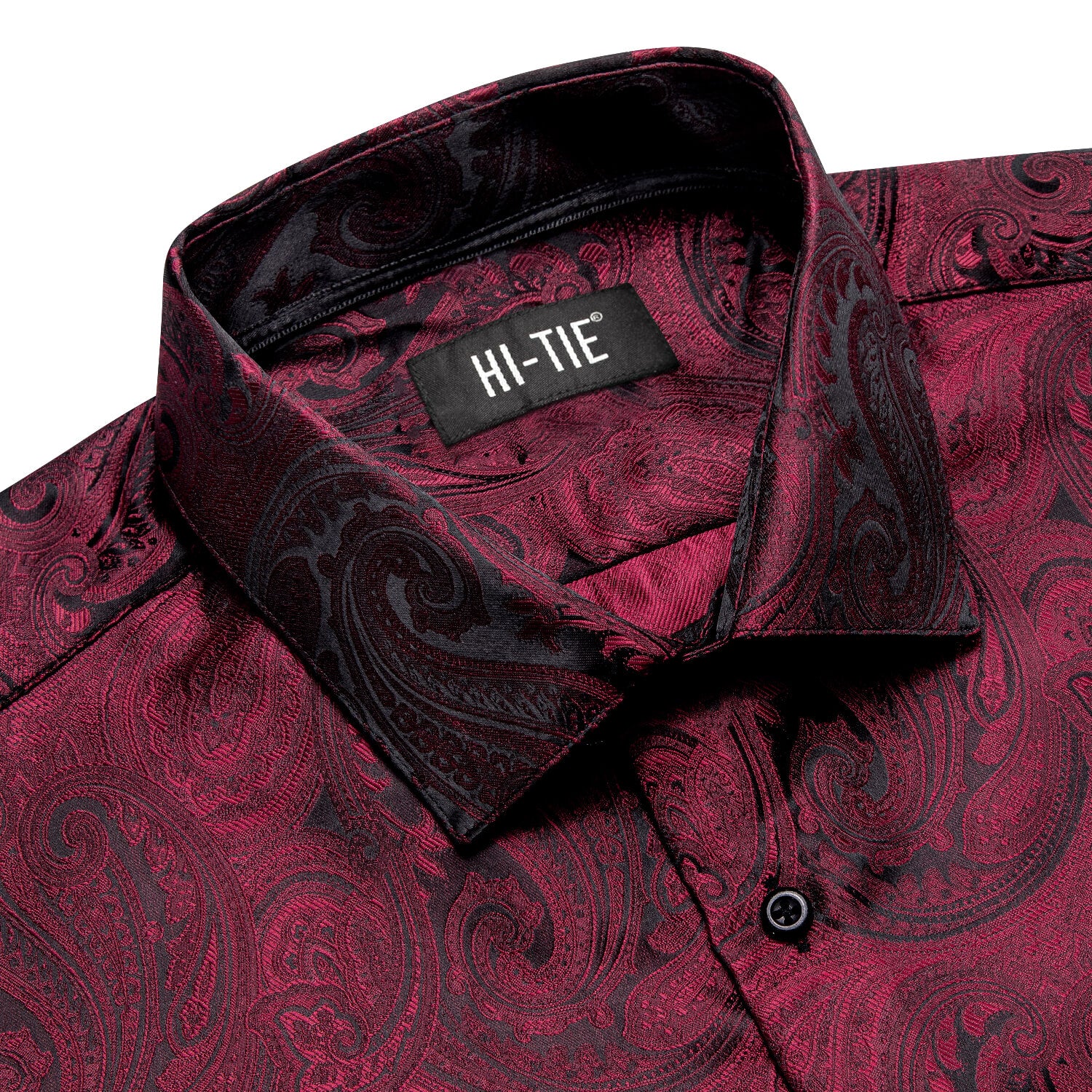 Hi-Tie Men's Shirt Dark Red Black Paisley Silk Button Down Shirt