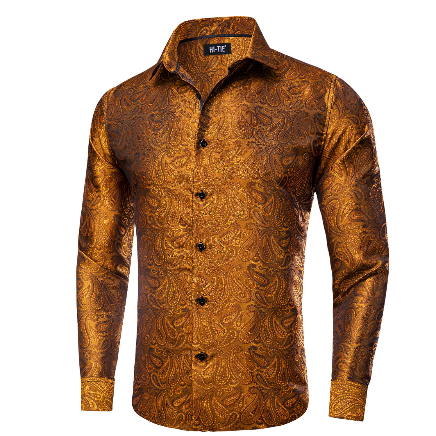 Hi-Tie Men's Shirt Button Down Bronze Brown Paisley Silk Shirt Top Hot