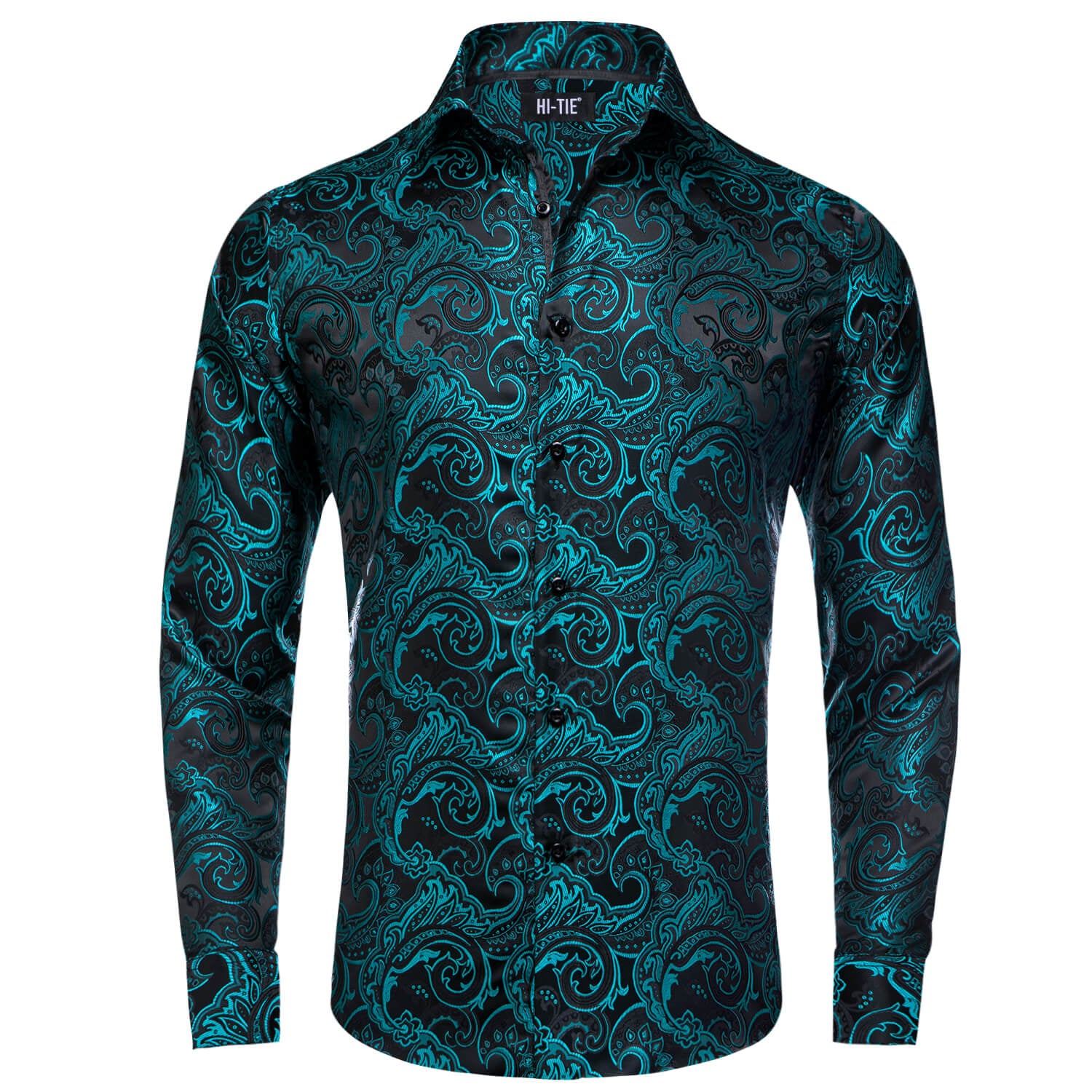 Black Teal Paisley Jacquard Woven Silk Shirt