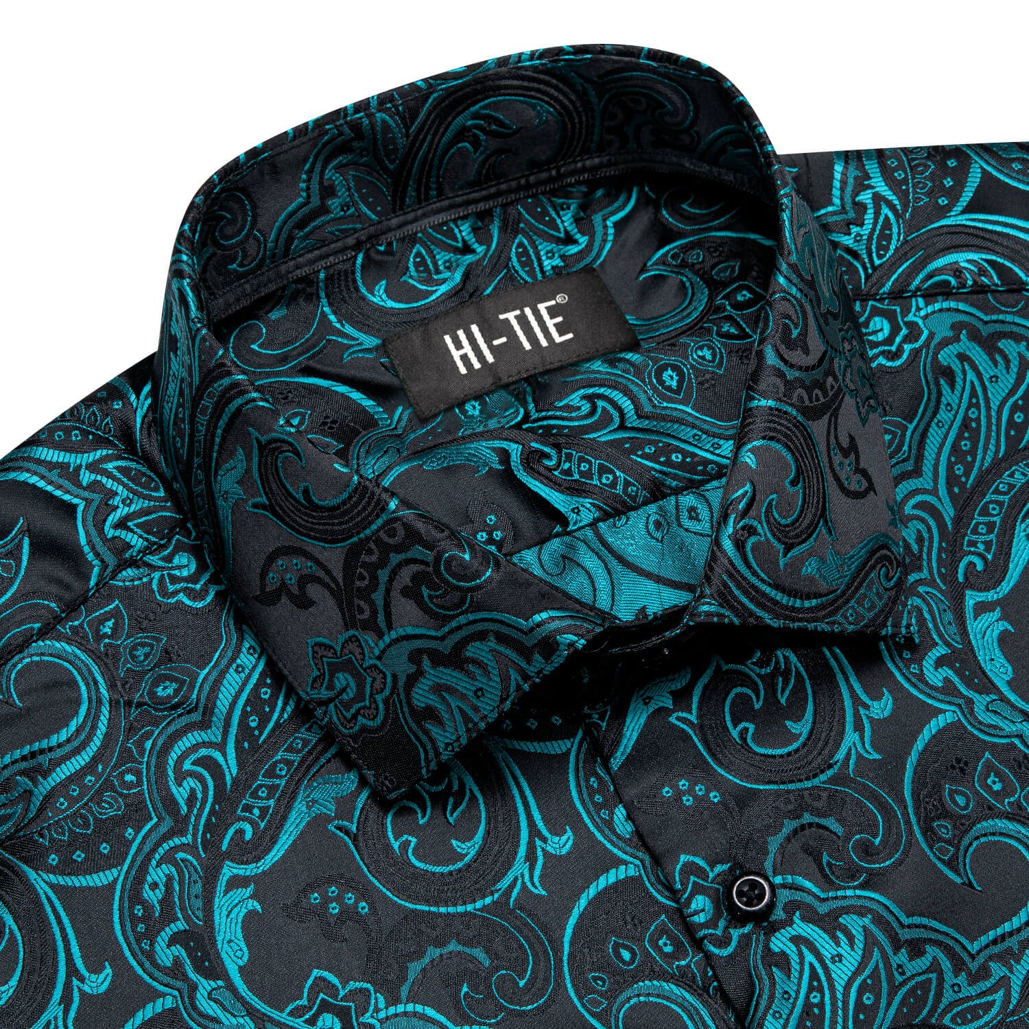 Hi-Tie Shirt for Men Black Teal Paisley Jacquard Woven Silk Shirt