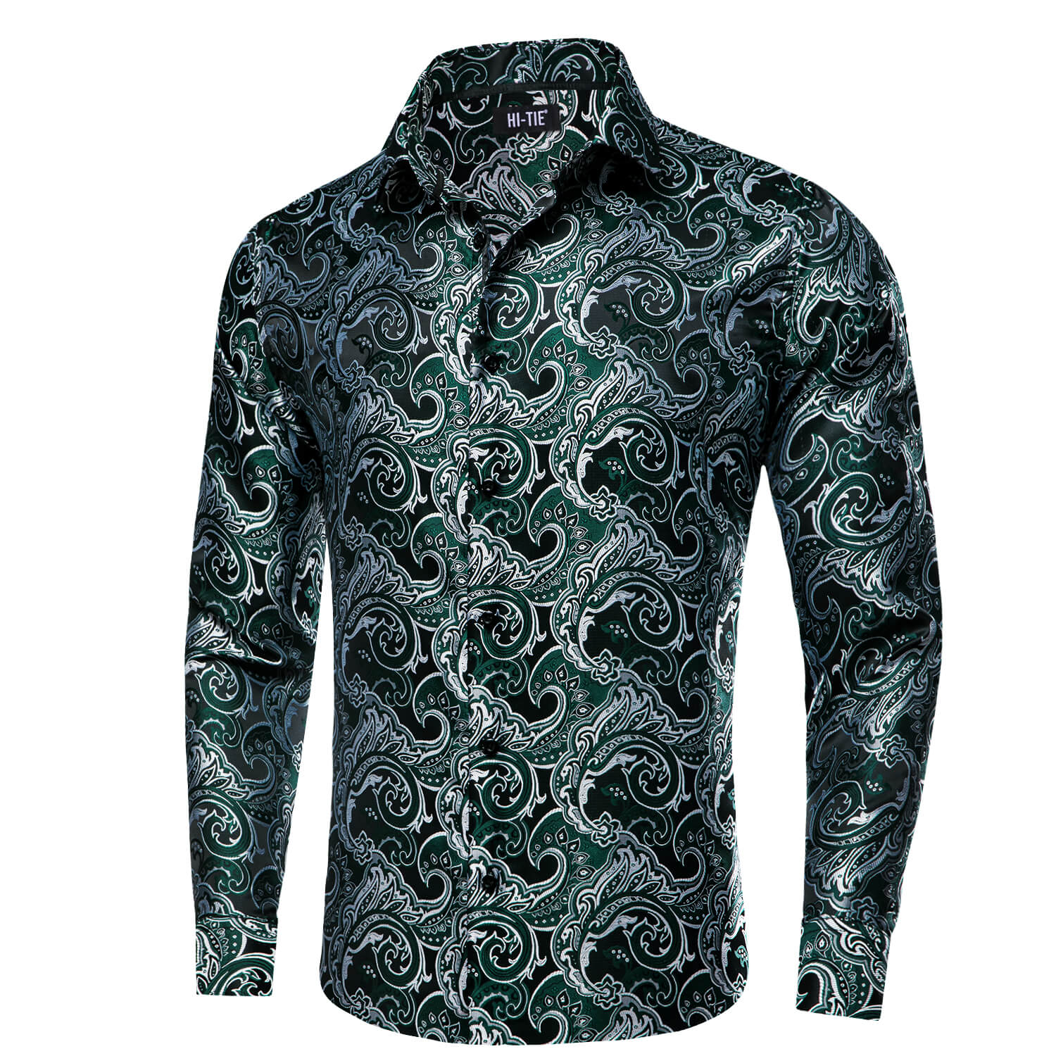 Hi-Tie Long Sleeve Shirt Sapphire Pine Green Silver Jacquard Floral Silk Shirt