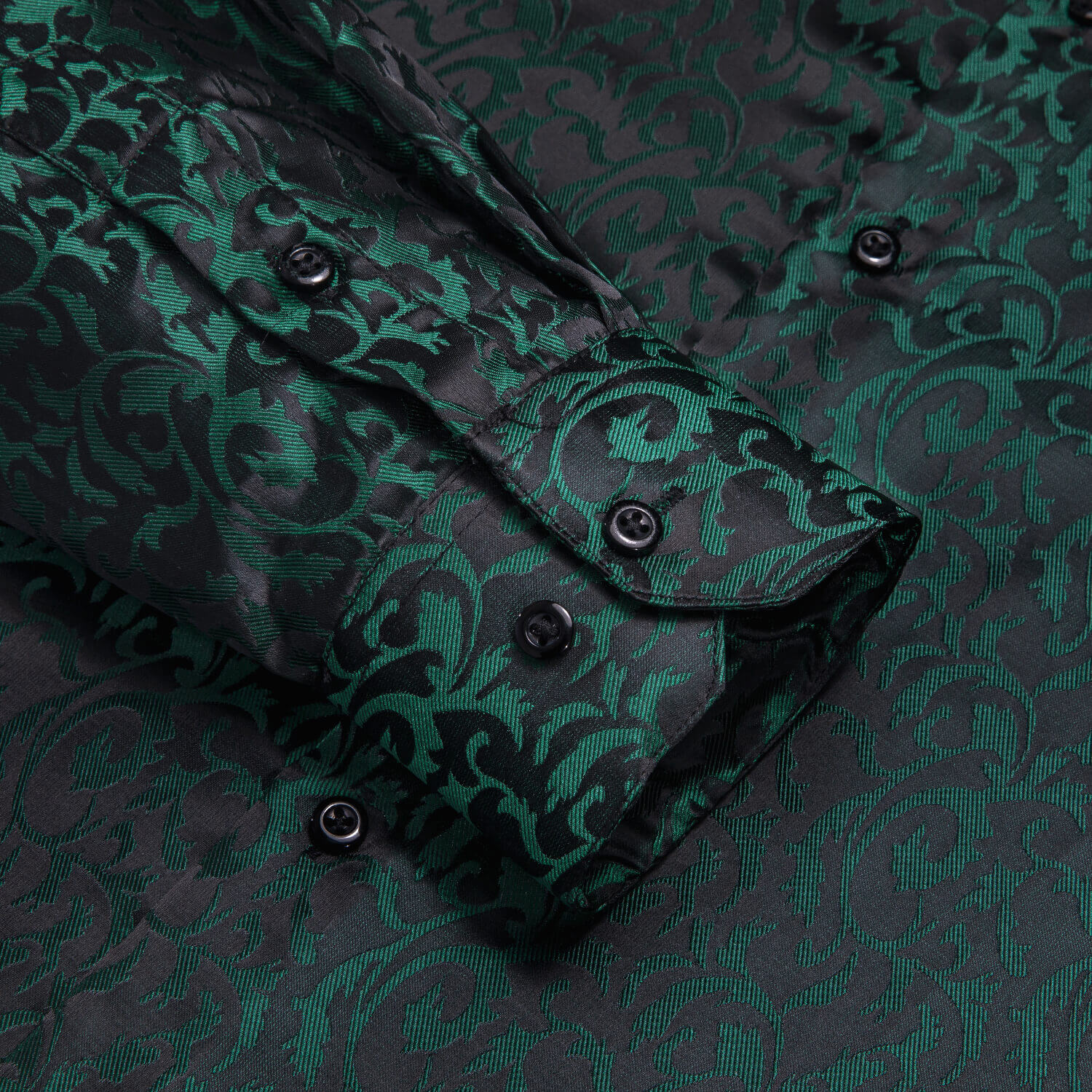 Hi-Tie Long Sleeve Shirt Dark Green Jacquard Floral Silk Shirt for Men