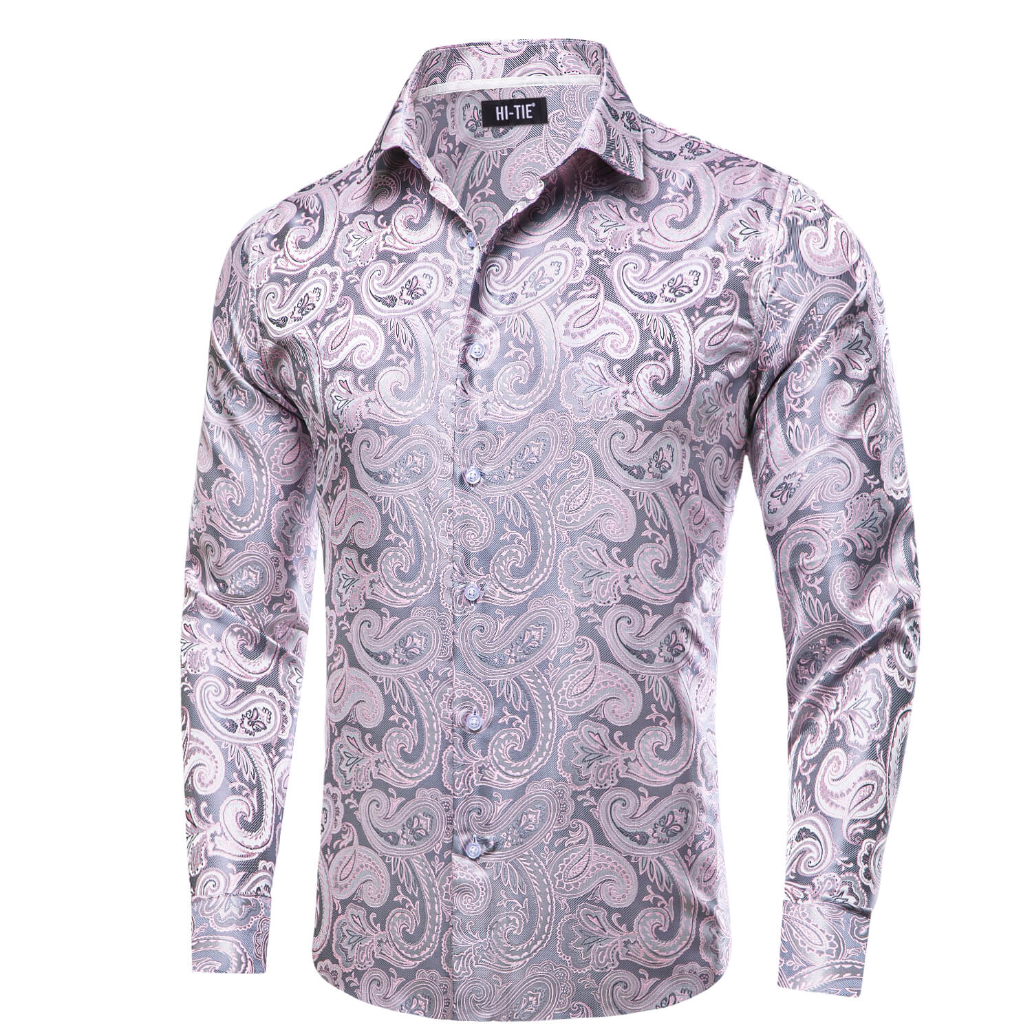 Hi-Tie Button Down Shirt Pale Pink Paisley Silk Shirt for Men High Quality