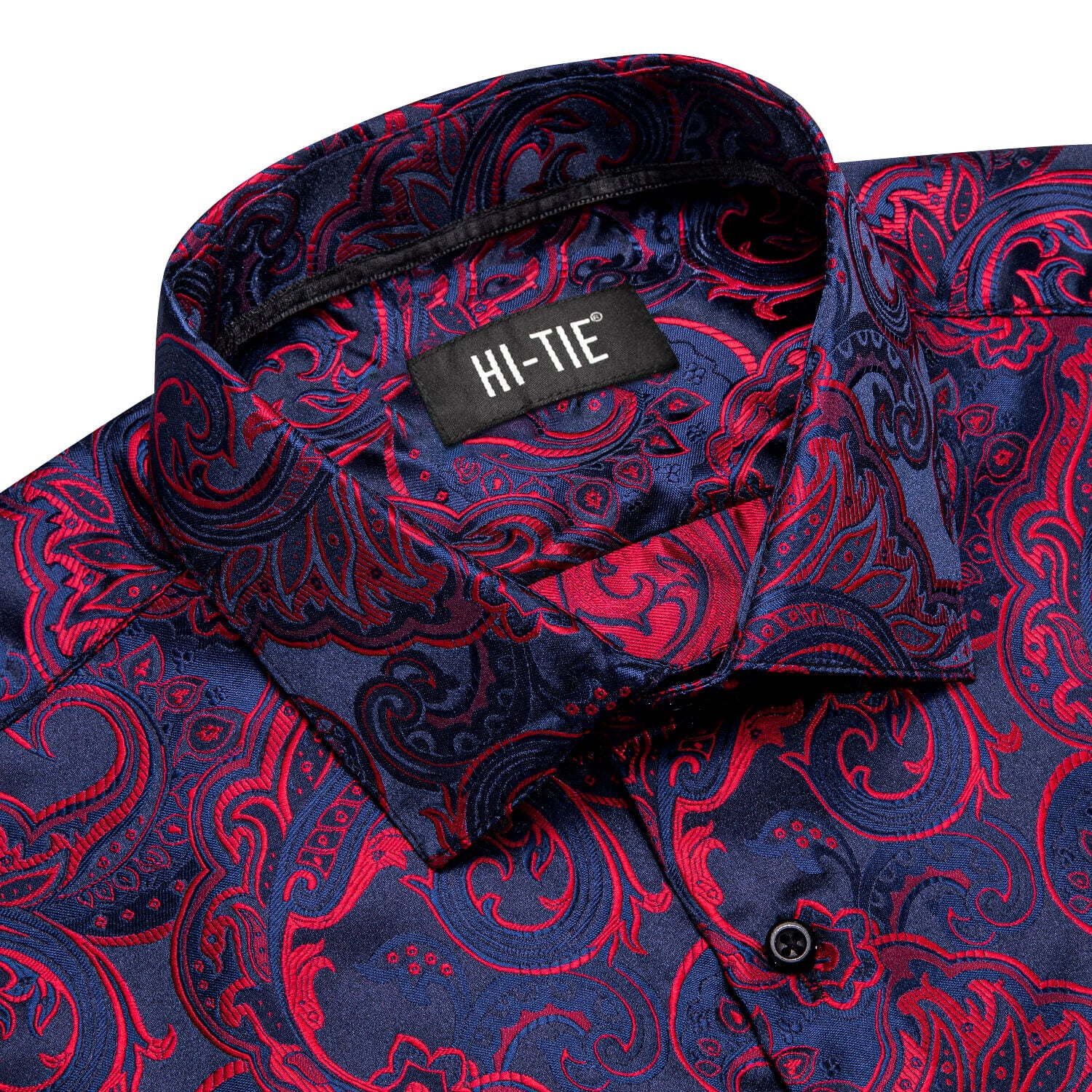 Hi-Tie Men's Shirt Jacquard Woven Navy Blue Red Paisley Silk Shirt