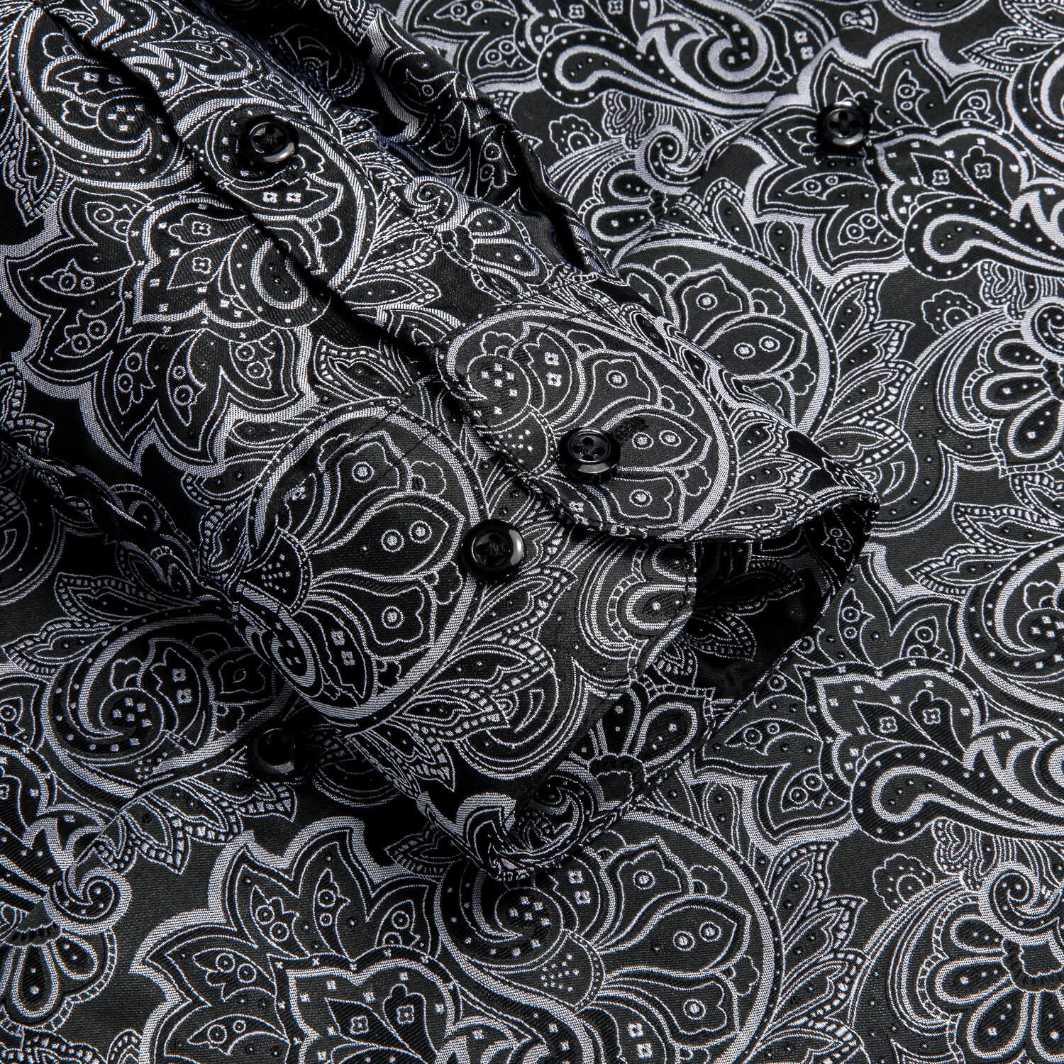 Hi-Tie Men's Shirt Black White Jacquard Woven Floral Silk Shirt