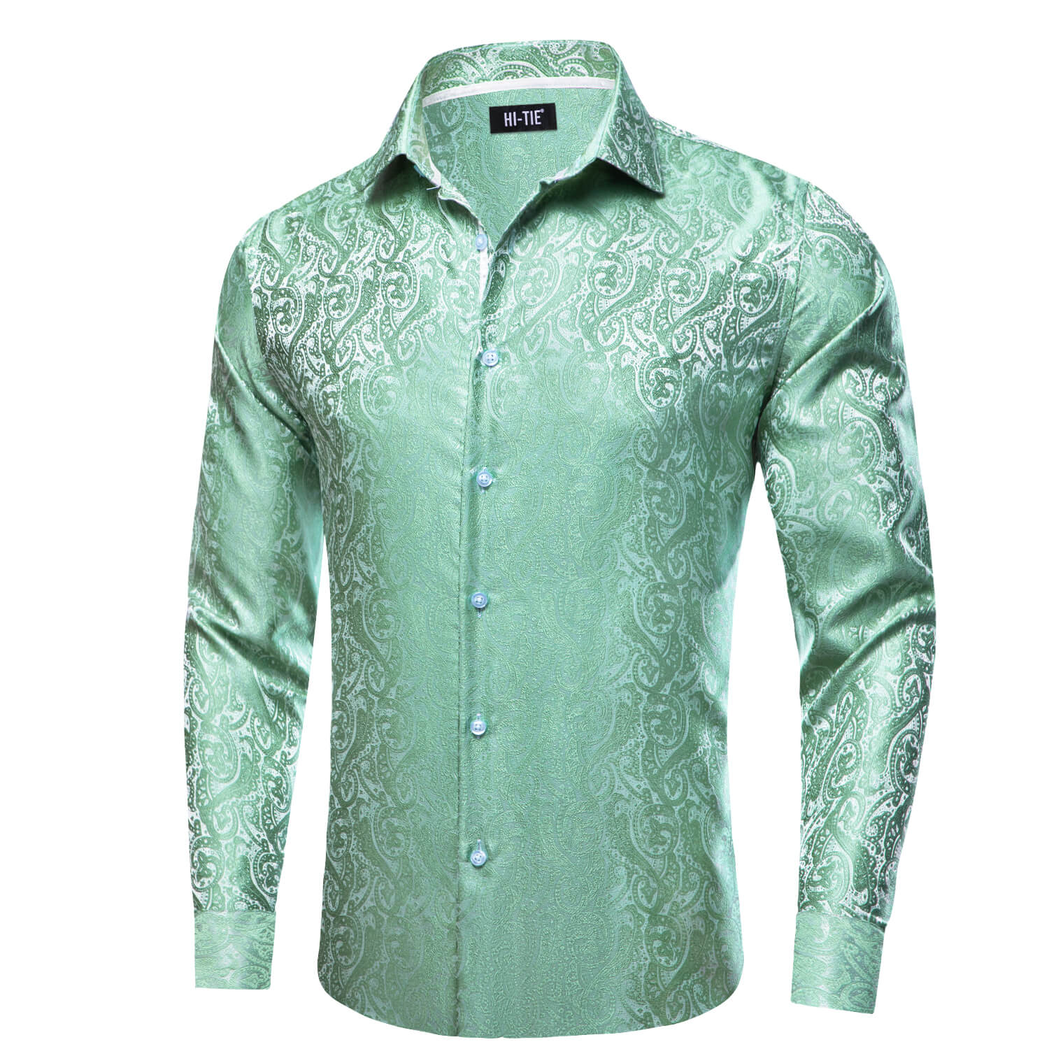 Hi-Tie Men's Button Down Shirt Mint Green Jacquard Floral Silk Shirt