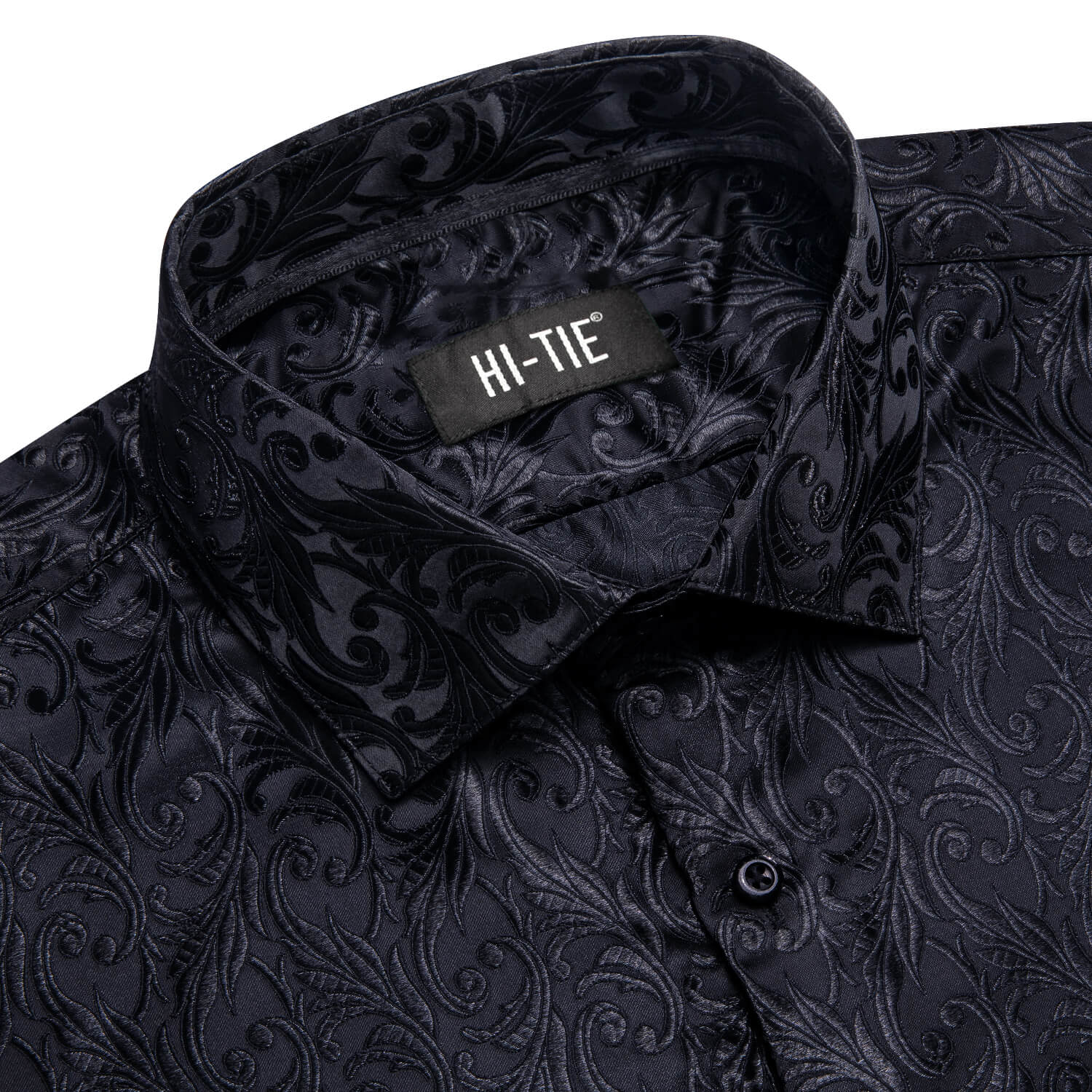 Hi-Tie Long Sleeve Shirt Black Jacquard Floral Silk Men's Shirt Formal