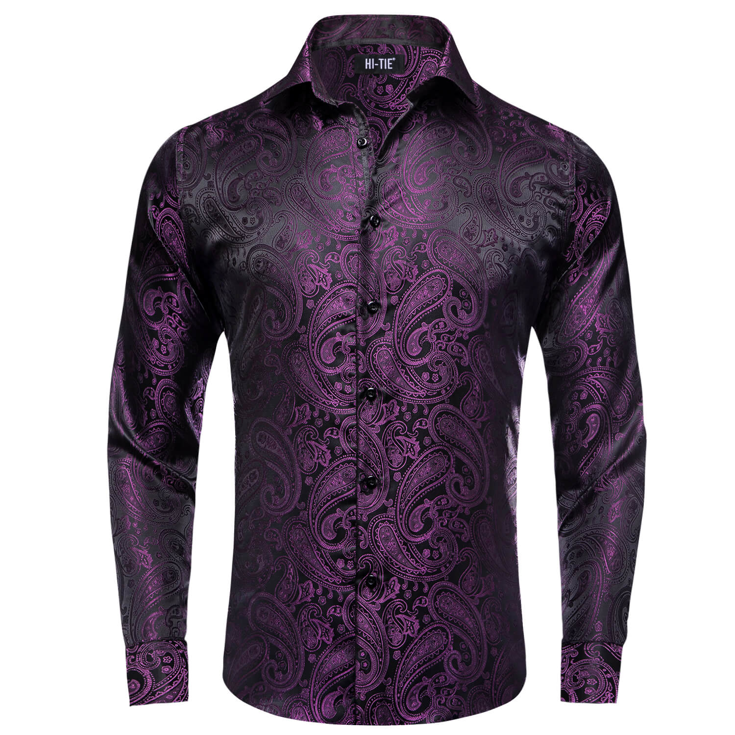 Dark Purple Jacquard Paisley Silk Long Sleeve Shirt