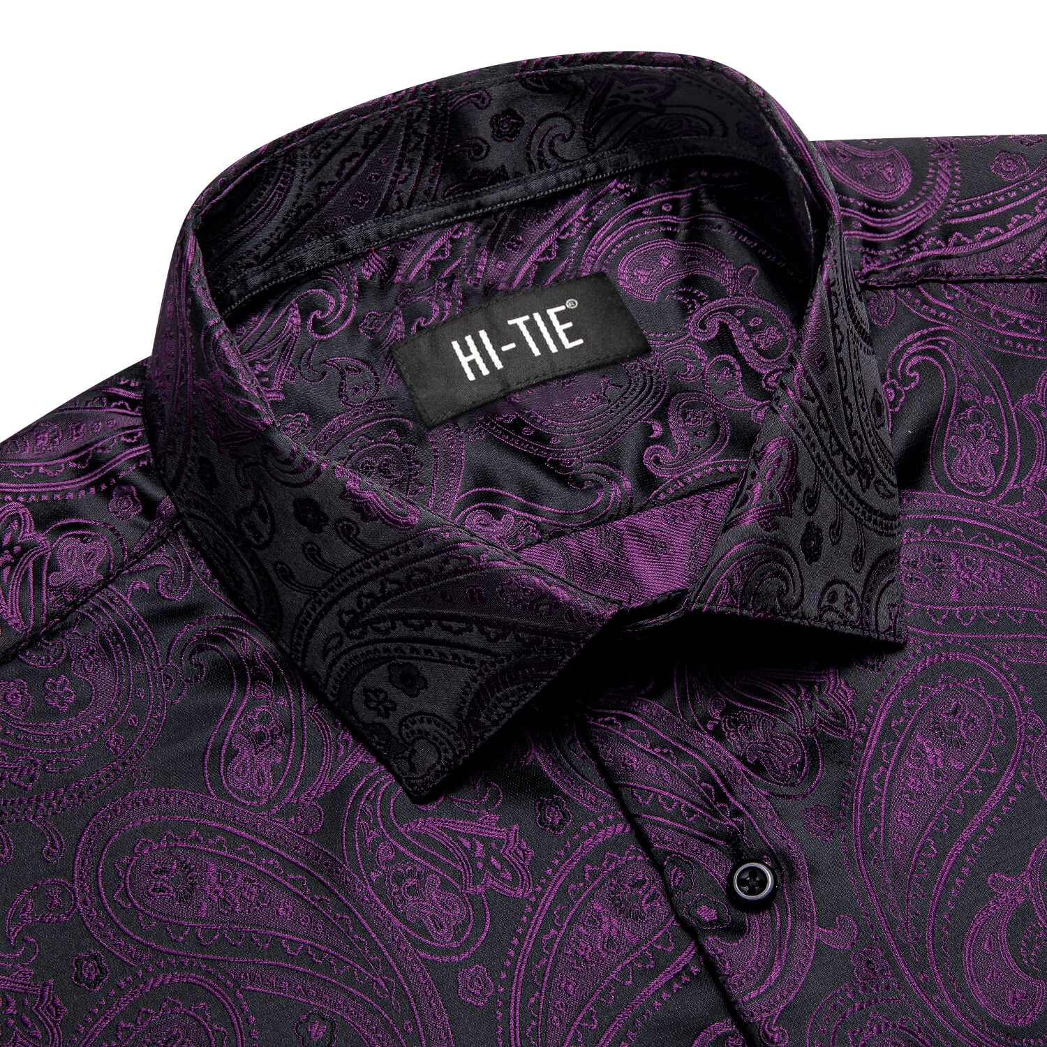 Hi-Tie Men's Shirt Dark Purple Jacquard Paisley Silk Long Sleeve Shirt