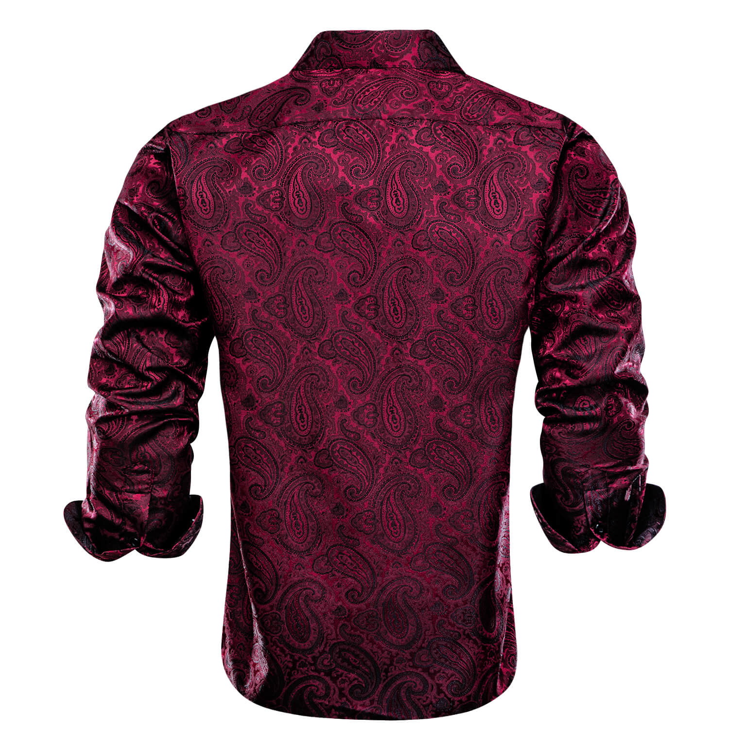 Hi-Tie Button Down Shirt Dark Red Jacquard Paisley Silk Men's Long Sleeve Shirt